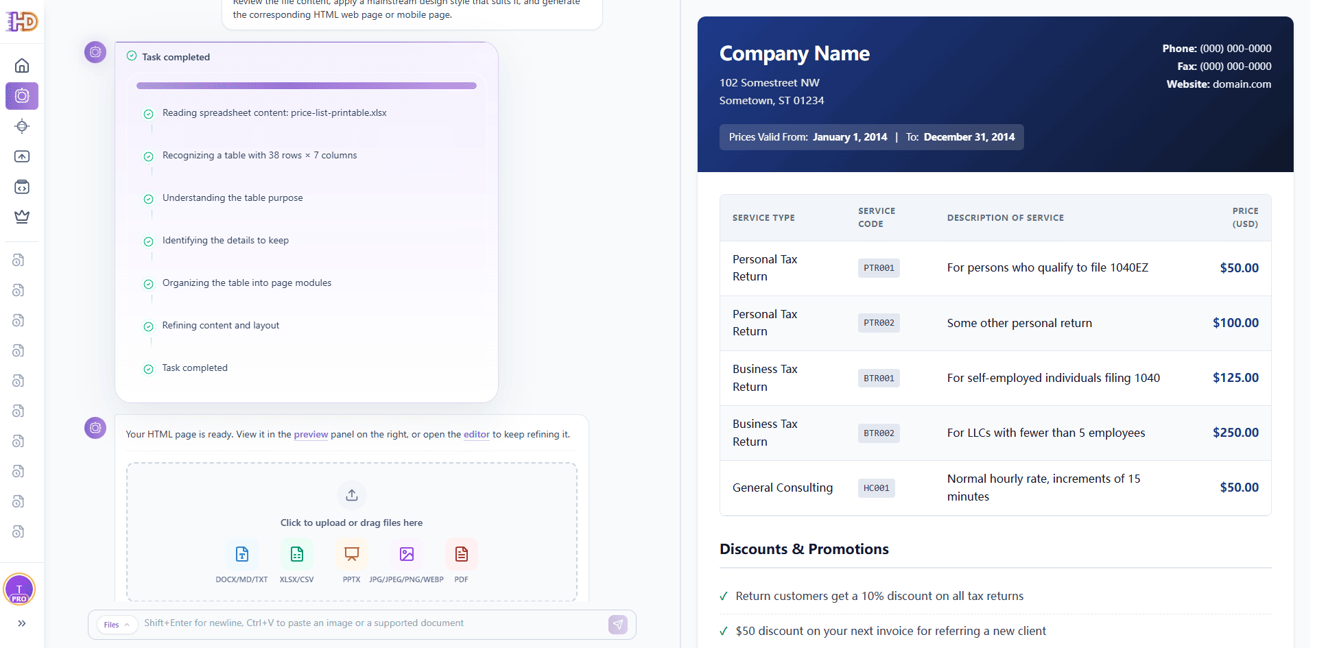The live preview of the generated pricing landing page, showing premium pricing card structures and responsive design components