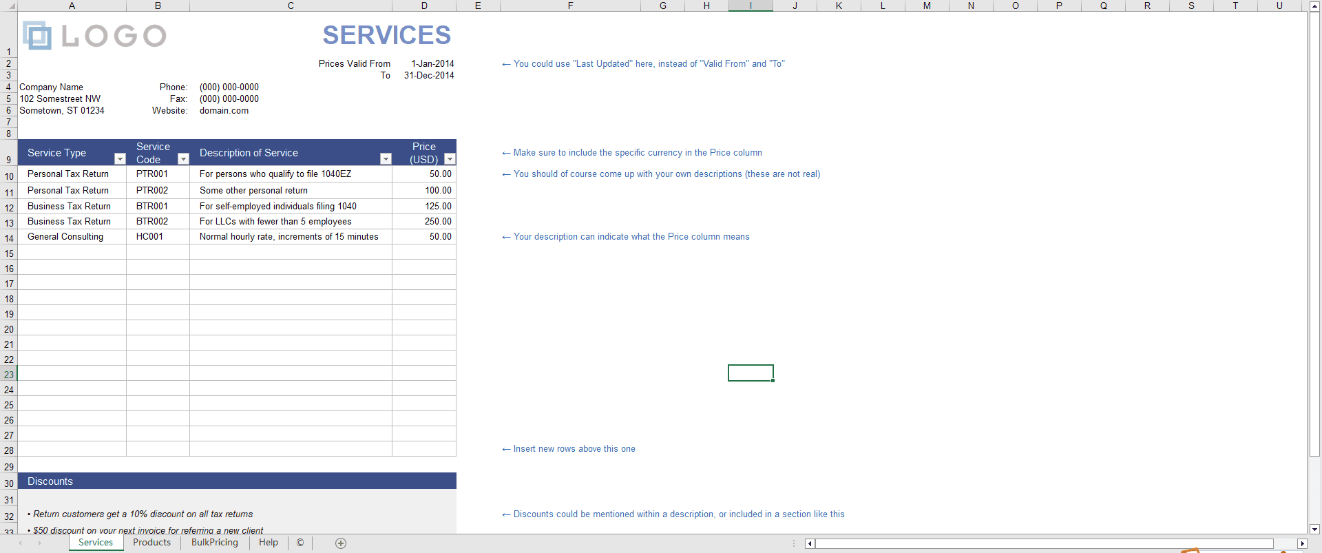 An Excel XLSX corporate service price list containing service types, codes, standard pricing, and discount details, ready to be generated into an HTML quote landing page