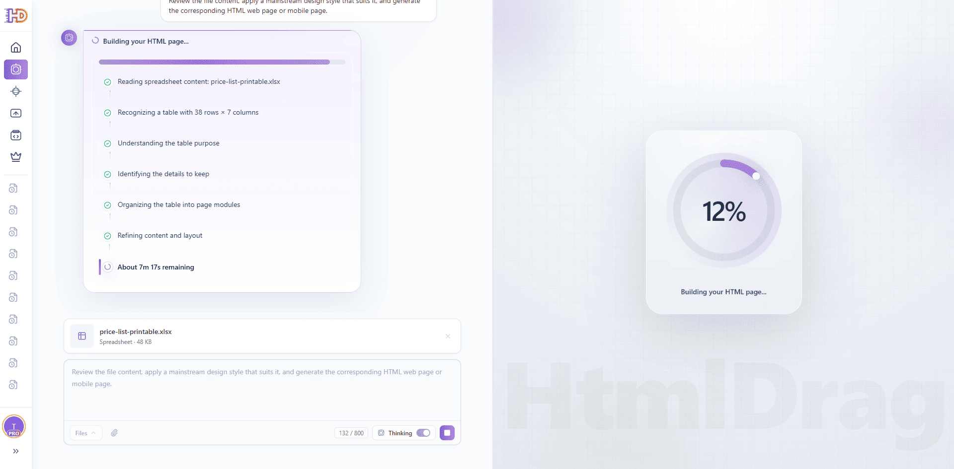 AI Creator writing custom HTML and Tailwind structures to assemble the pricing landing page based on parsed Excel data