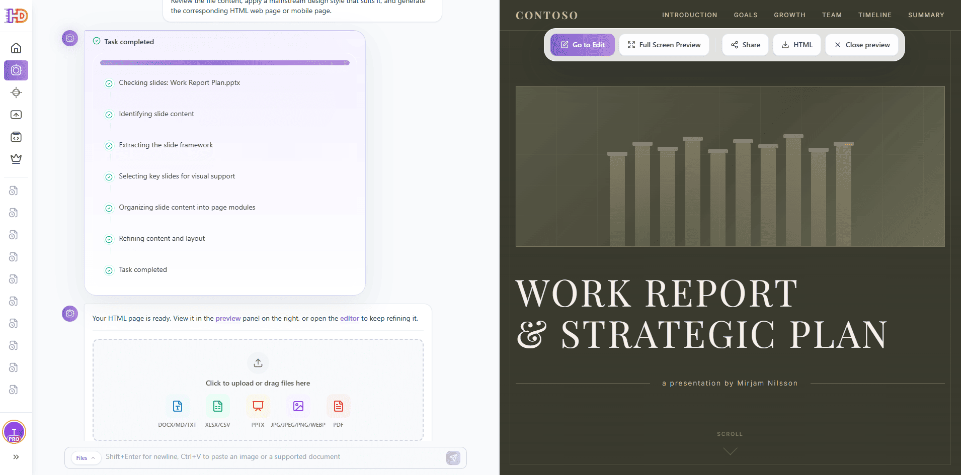 Prévia da página HTML gerada mostrando o título Hero do relatório de trabalho, a navegação de seção superior e uma barra de ferramentas de prévia com opções de editar, tela cheia, compartilhar e exportar