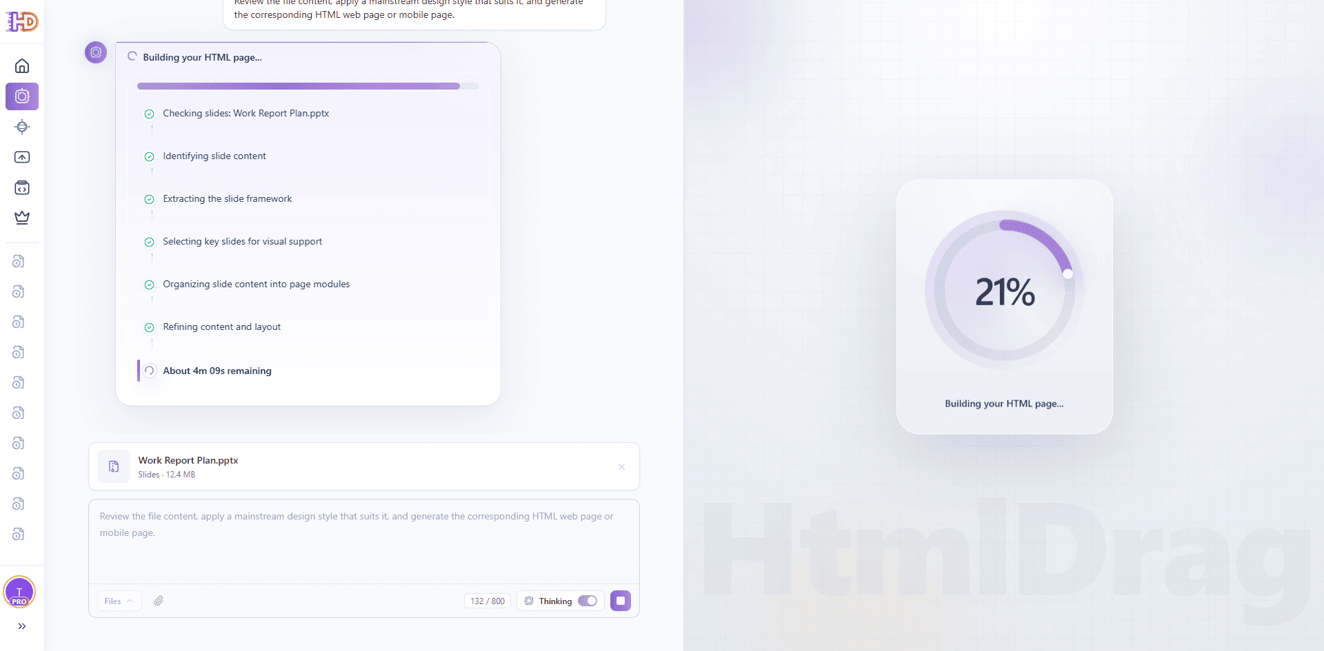 O Gerador IA construindo a página HTML a partir dos slides PowerPoint analisados, mostrando um indicador de progresso enquanto as etapas concluídas são listadas à esquerda