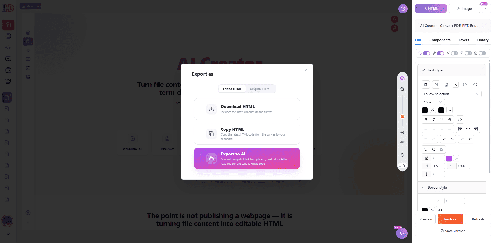 Janela de exportação do HtmlDrag com Edited HTML selecionado e a opção Export to AI destacada para criar um snapshot de IA somente leitura