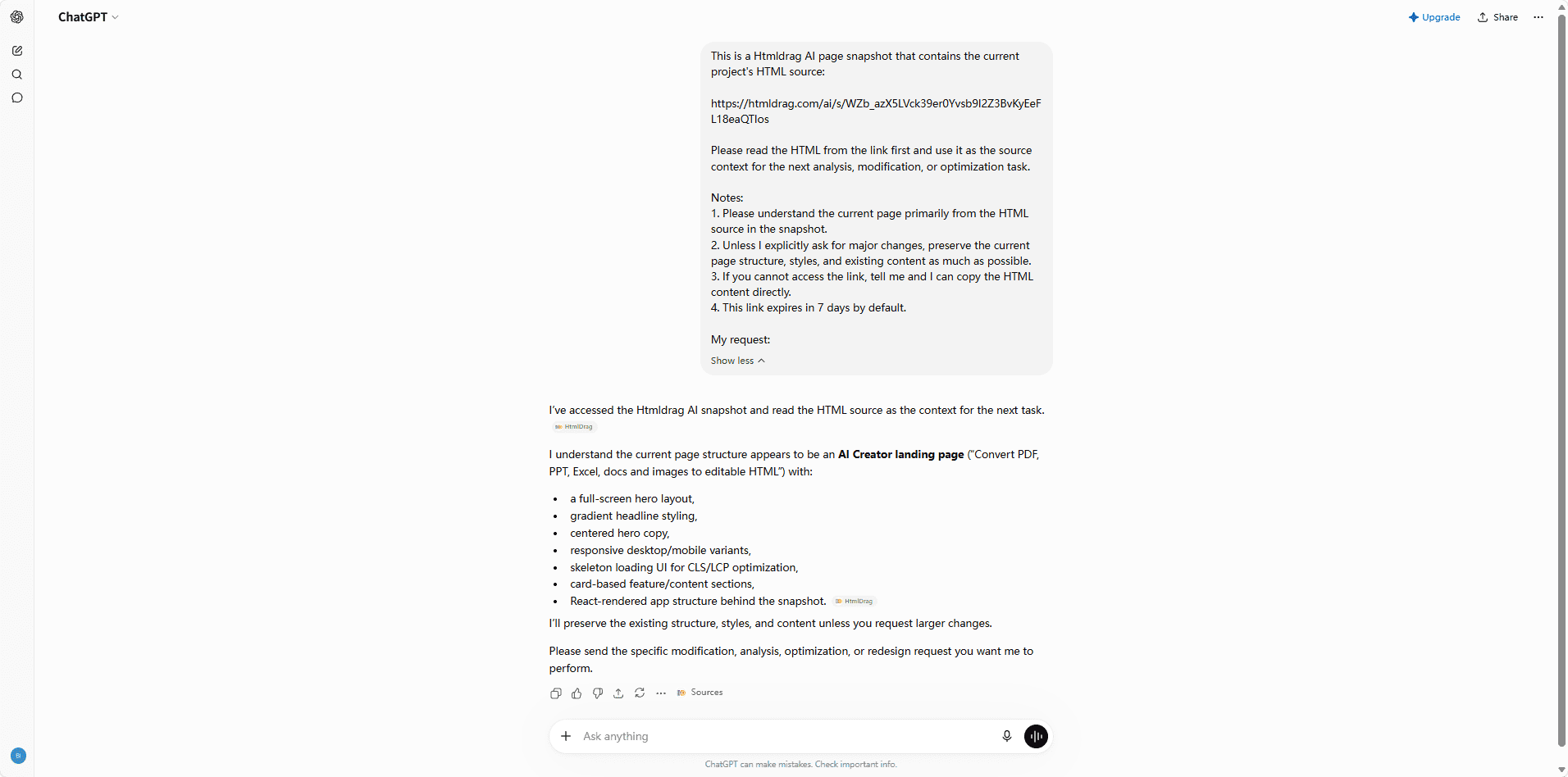 ChatGPT lendo um prompt de snapshot de IA do HtmlDrag e confirmando que pode usar o HTML vinculado como contexto para a próxima revisão