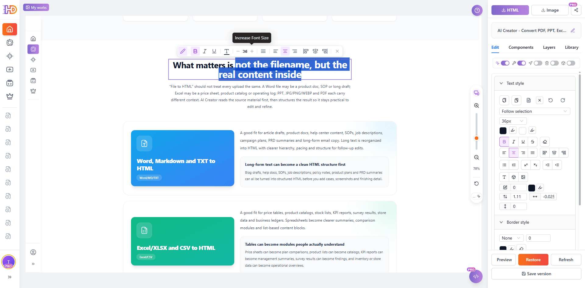 Seleção e edição de um título no editor visual do HtmlDrag antes de exportar o estado HTML atual para a IA