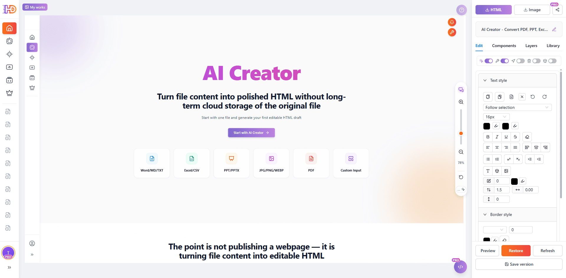 Página de produto importada aberta no editor HtmlDrag, mostrando a seção hero AI Creator e o painel de edição visual à direita