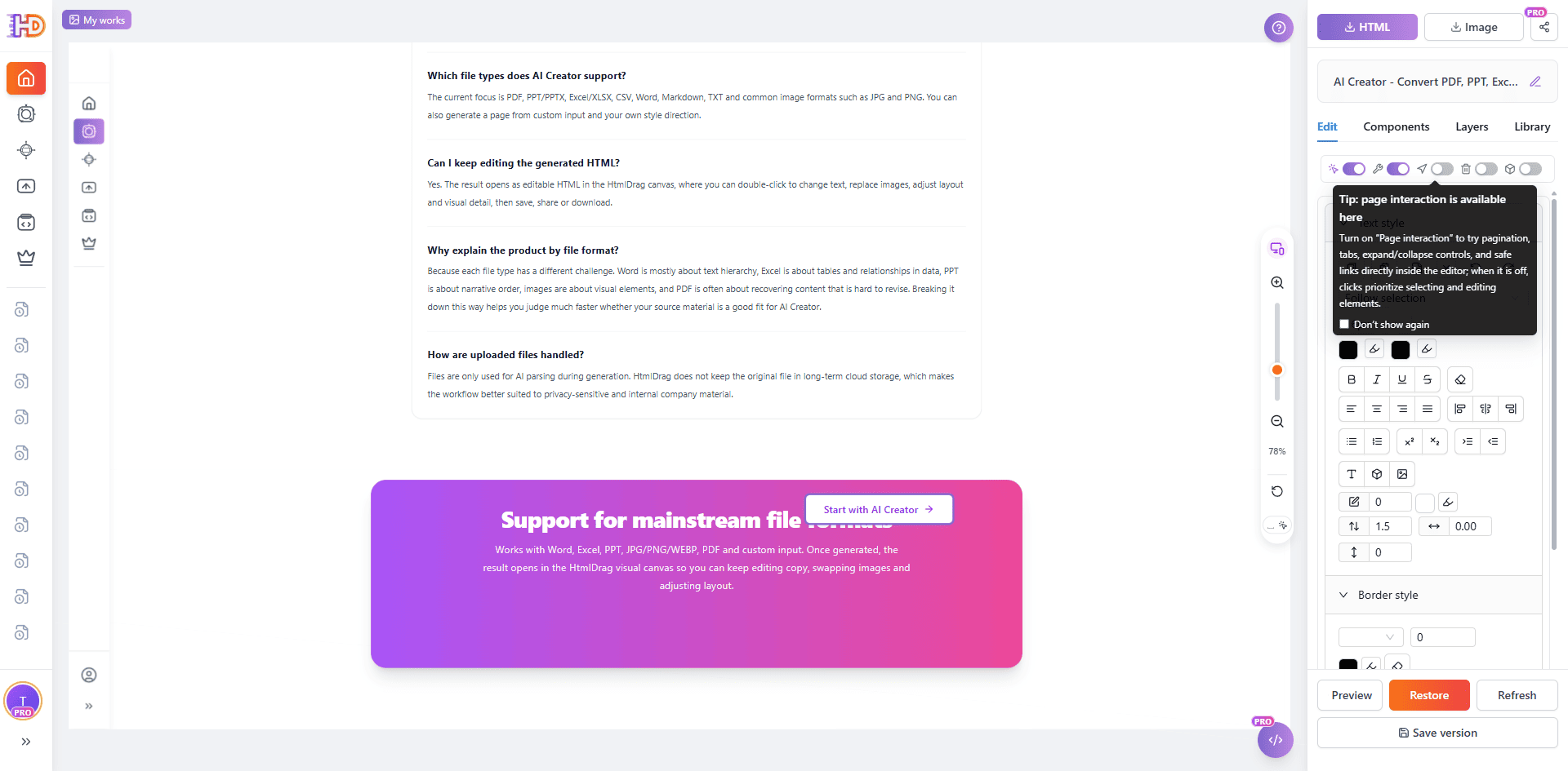 Revisão de FAQ e CTA inferior no HtmlDrag enquanto o painel mostra uma dica sobre o modo de interação da página