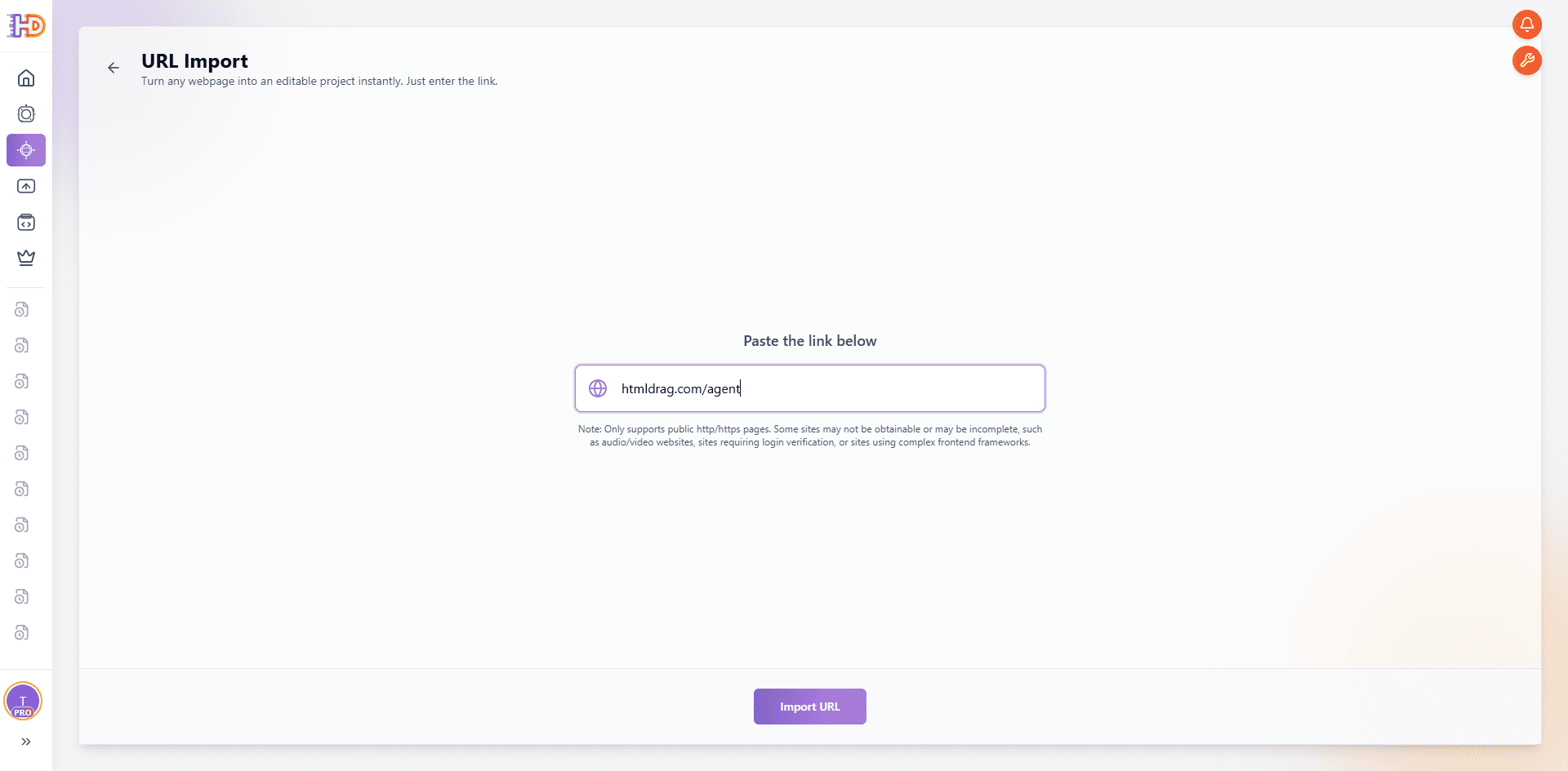 Página URL Import do HtmlDrag com o endereço de uma página pública de produto, pronta para virar um projeto HTML editável
