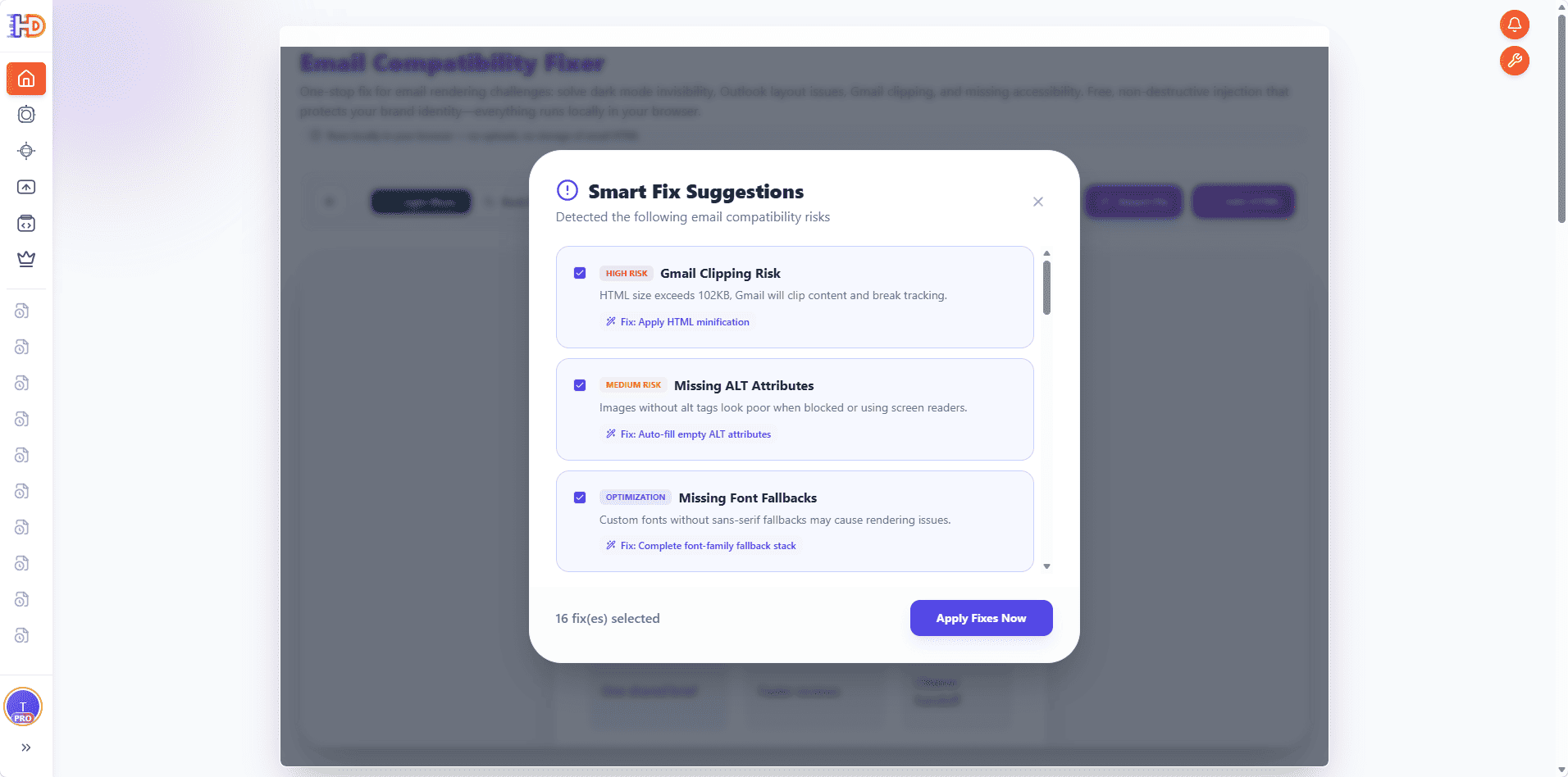 Smart Fix Suggestions dialog listing Gmail clipping, missing ALT attributes, missing font fallbacks, and other selectable email compatibility risks