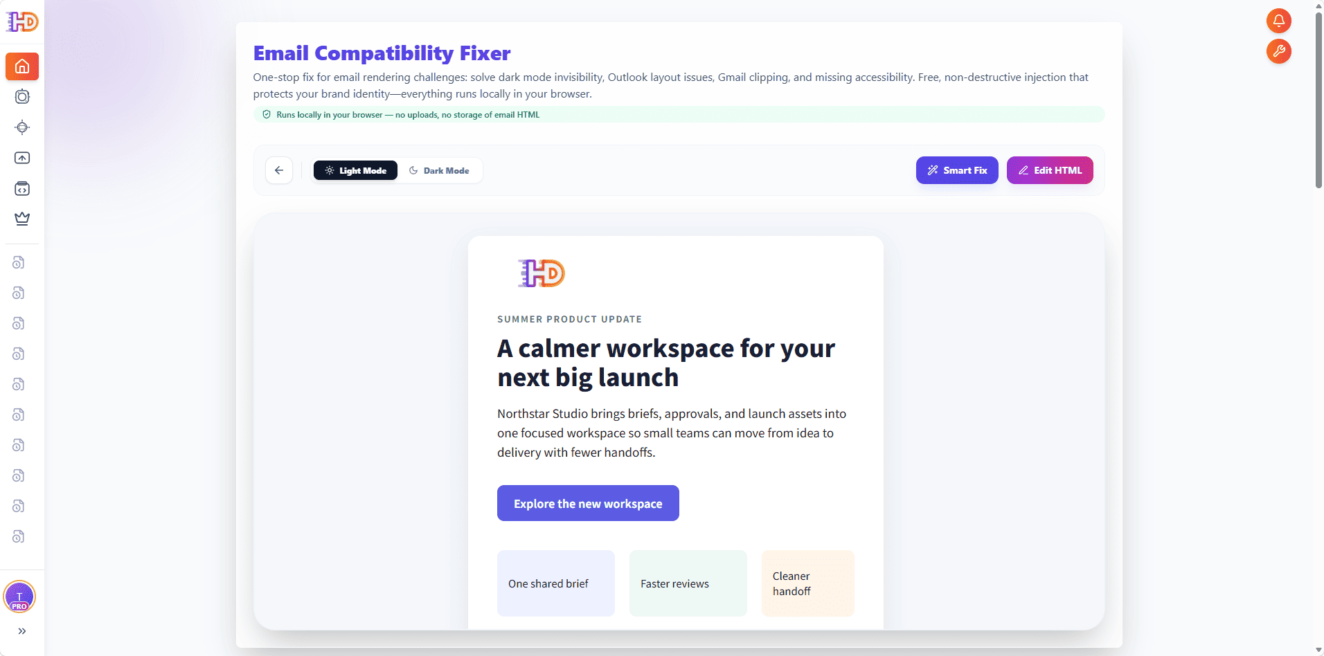 Original HTML campaign preview inside HtmlDrag Email Compatibility Fixer before running the compatibility scan