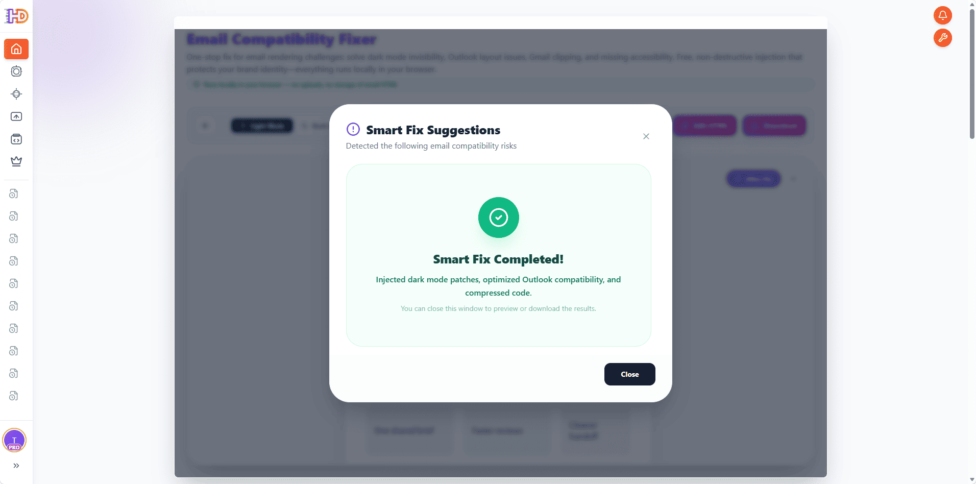 Smart Fix completed message confirming that dark mode patches, Outlook compatibility improvements, and compressed code were applied