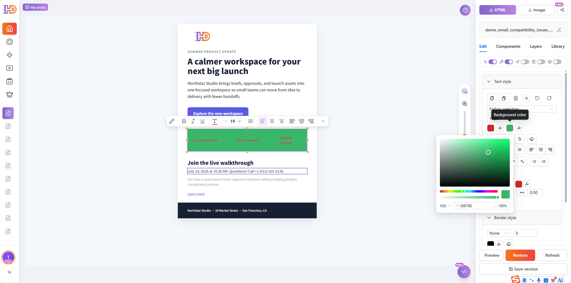 Changing the colors of a selected benefit row in the HtmlDrag visual editor after repairing the HTML email compatibility issues