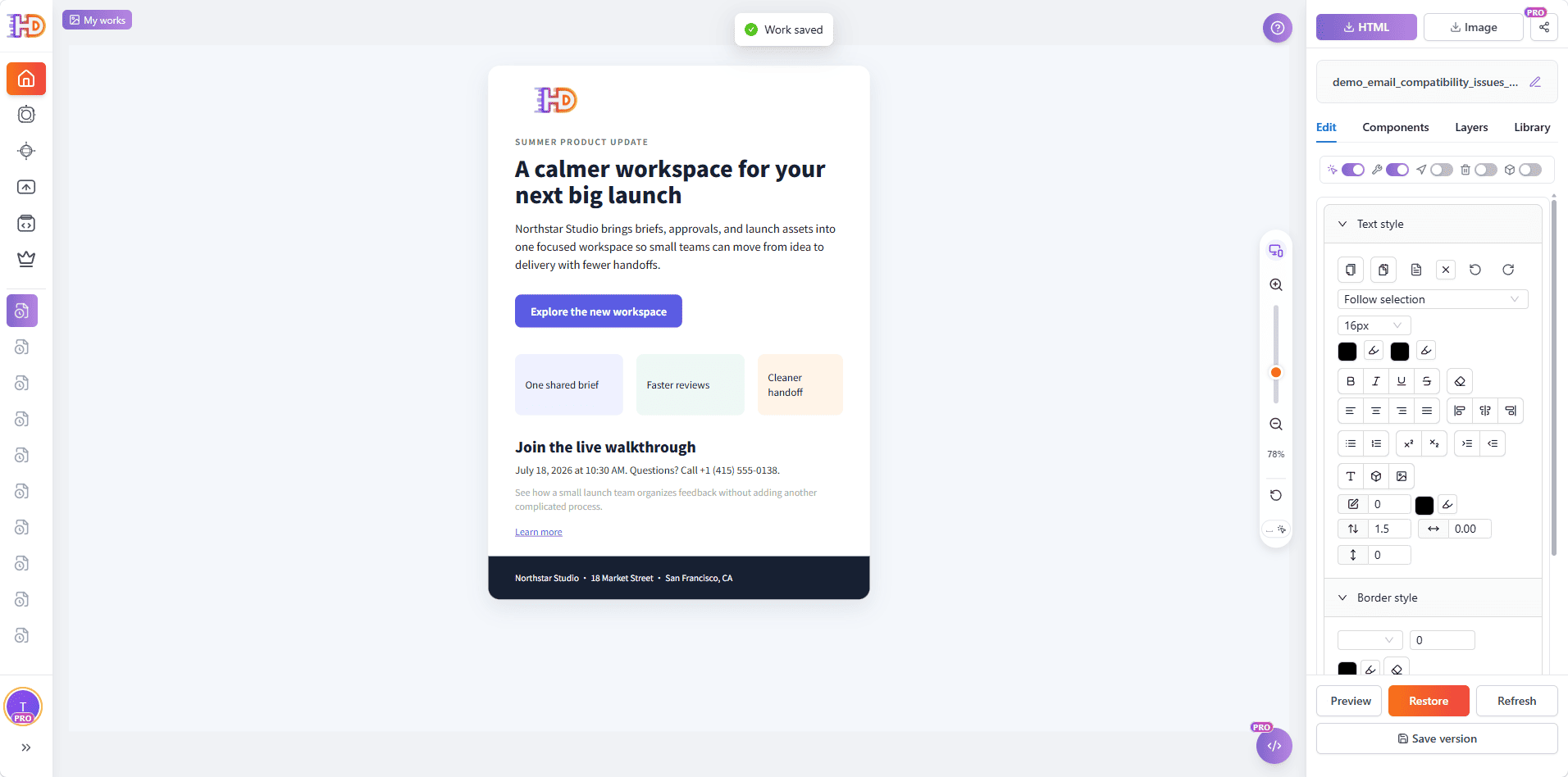 The repaired email opened in the HtmlDrag visual HTML editor with the full campaign canvas and text styling controls