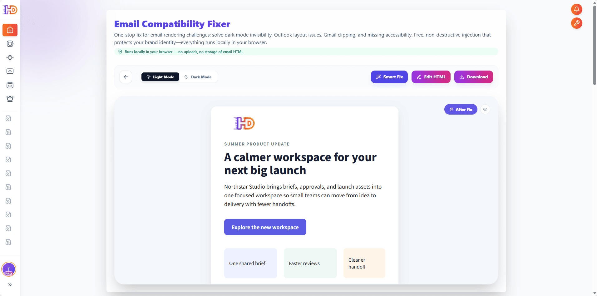 Repaired HTML email preview in HtmlDrag with Smart Fix, Edit HTML, and Download actions available after processing