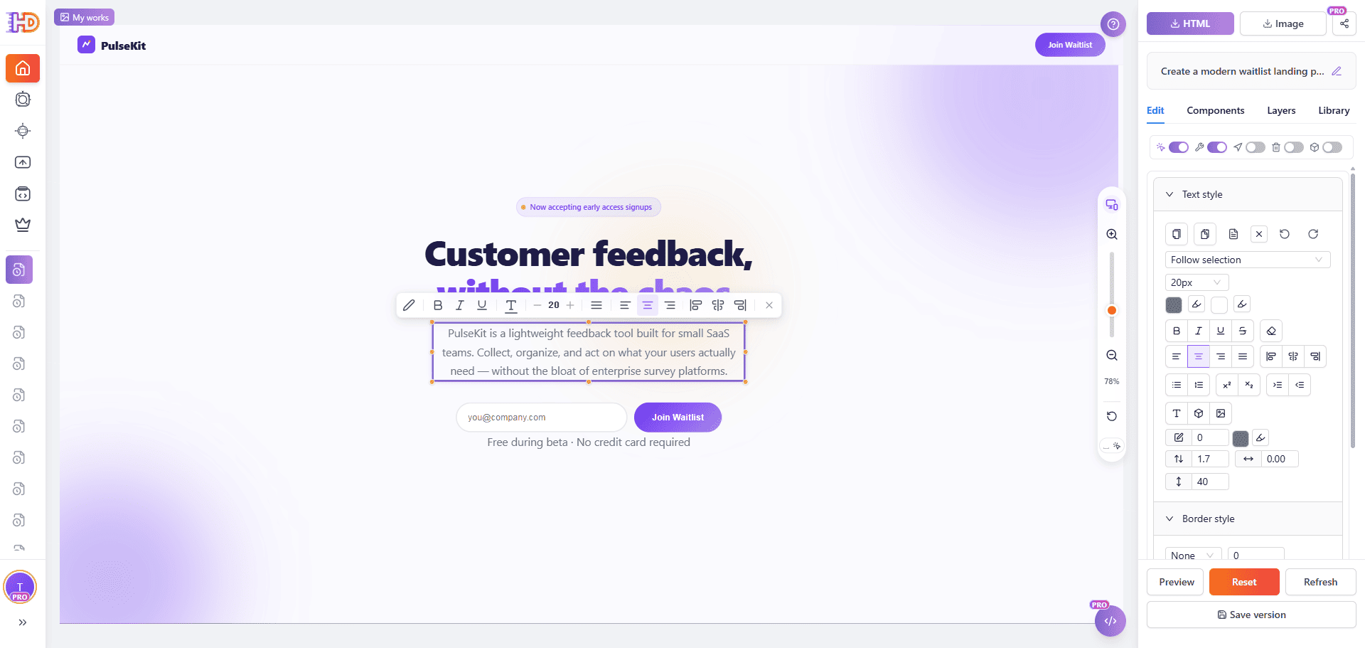 Hero-текст PulseKit выбран в визуальном редакторе HtmlDrag