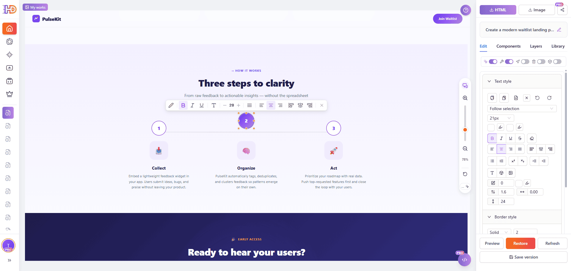 Секция Three steps to clarity PulseKit проверяется в HtmlDrag