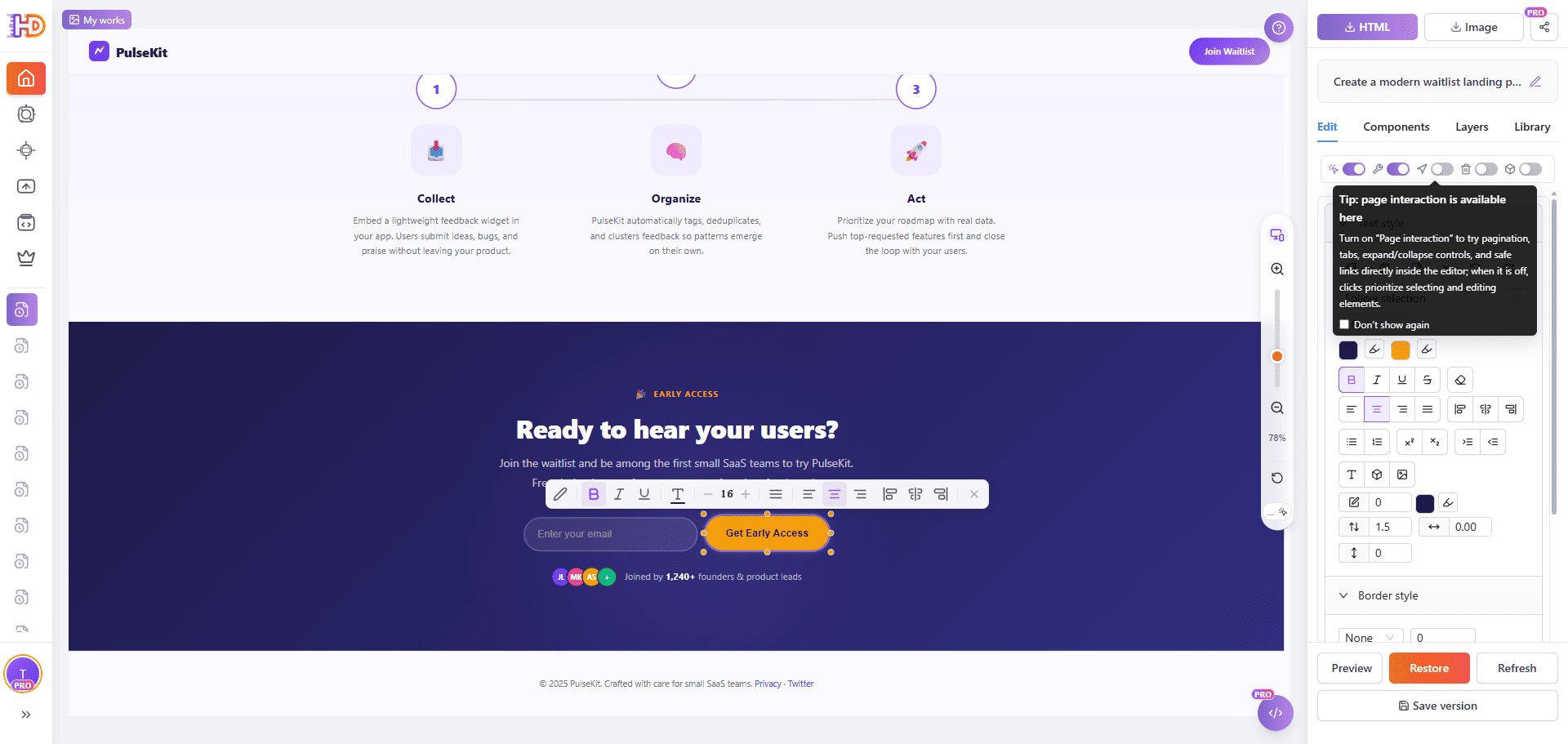 Финальный CTA PulseKit выбран в HtmlDrag перед экспортом