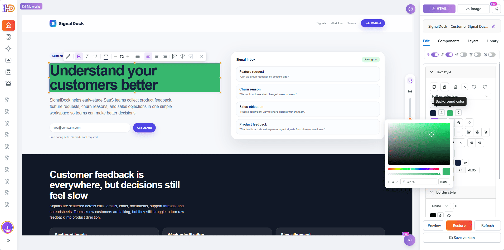 SignalDock page loaded in HtmlDrag as a visual editable draft with the hero, dashboard card, and problem section visible