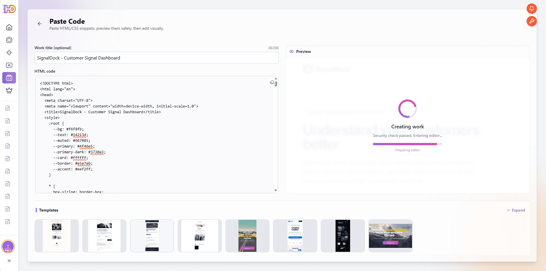 HtmlDrag creating a work from the pasted SignalDock HTML and preparing the editor