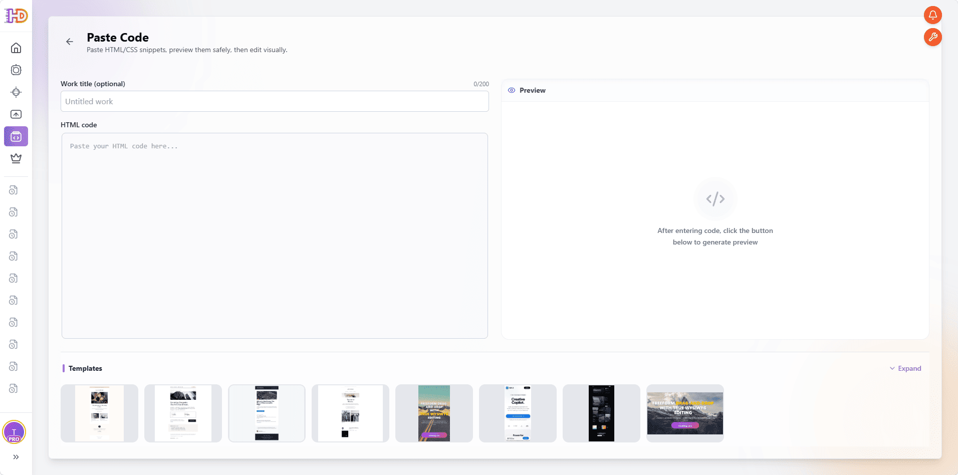 HtmlDrag Paste Code page before HTML is added, showing the empty work title, HTML code input area, and preview panel