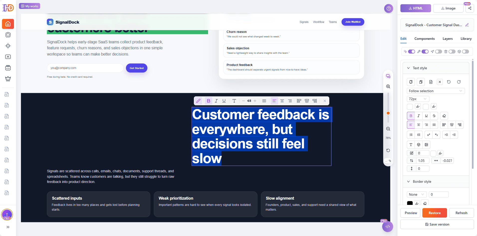 HtmlDrag editing the SignalDock problem section headline to improve the middle-page story and clarity