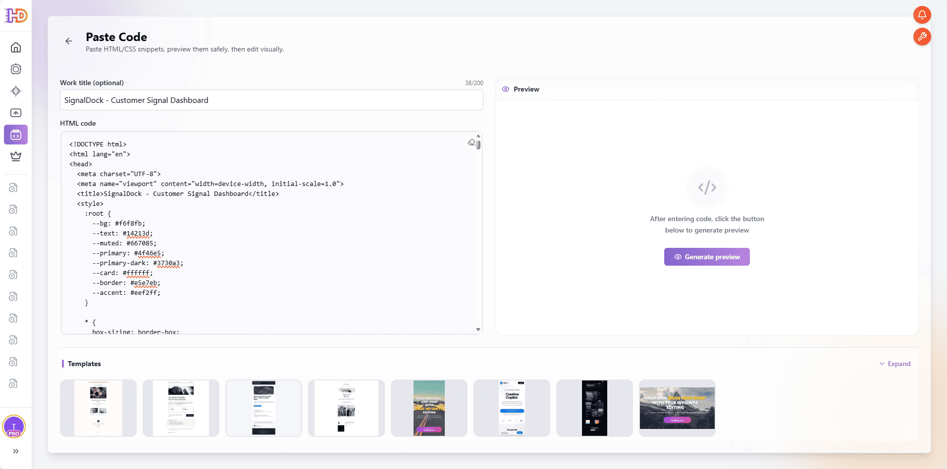 SignalDock HTML pasted into HtmlDrag with the work title filled in before generating the preview