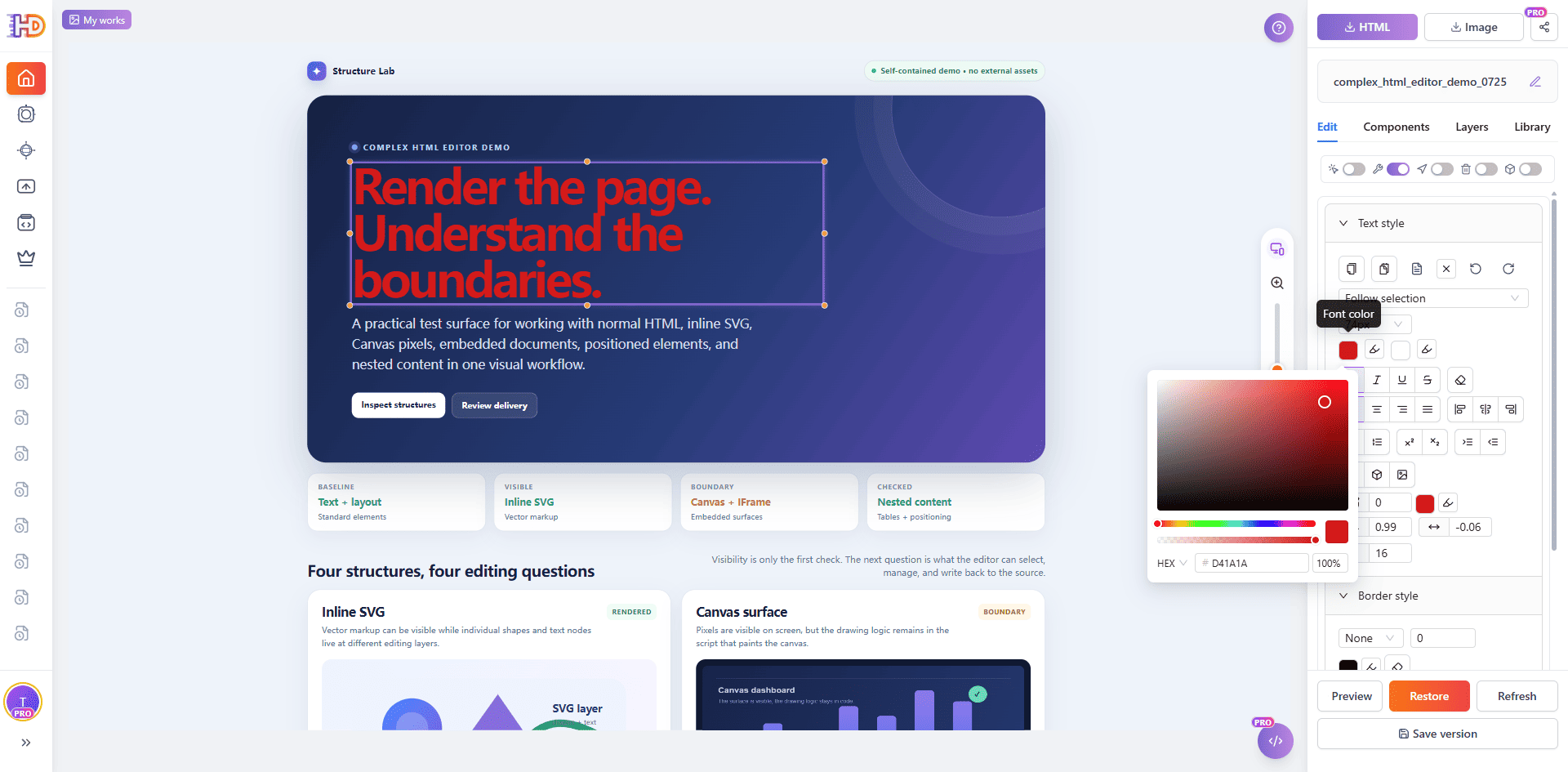 The Structure Lab headline selected in HtmlDrag with the font color control open for a visual style edit