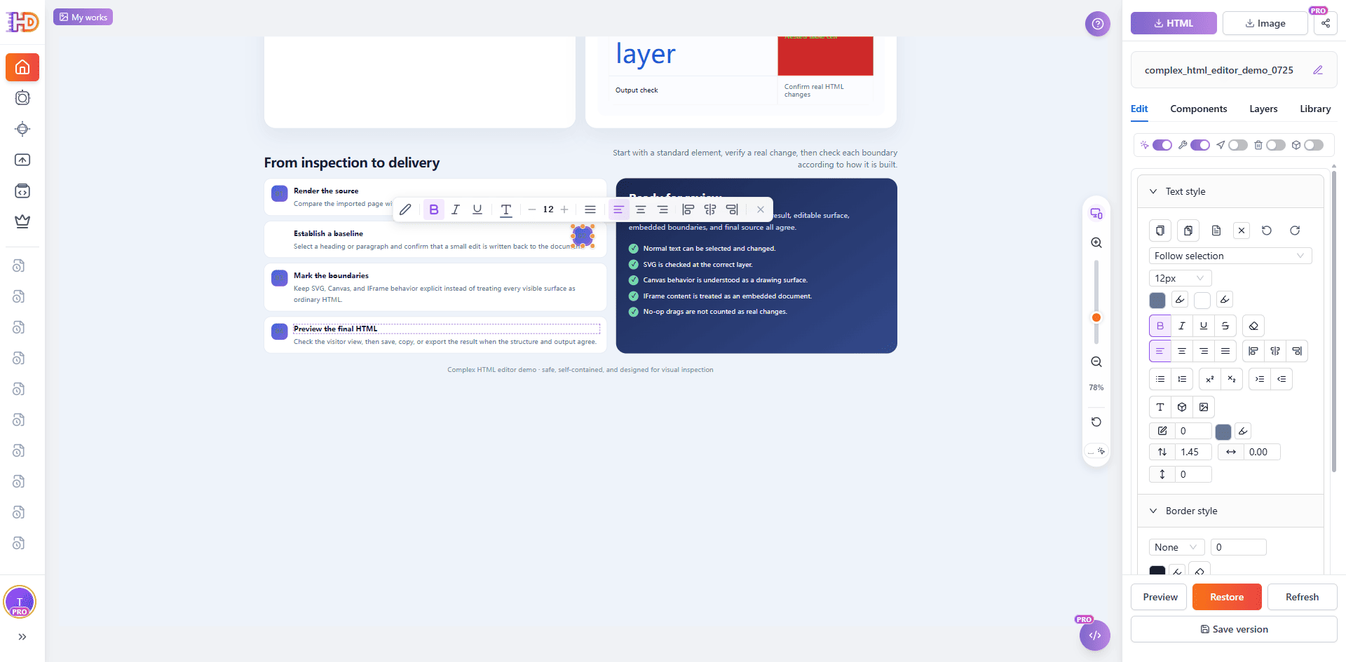 HtmlDrag delivery checklist showing render, baseline, boundary, and final HTML preview checks