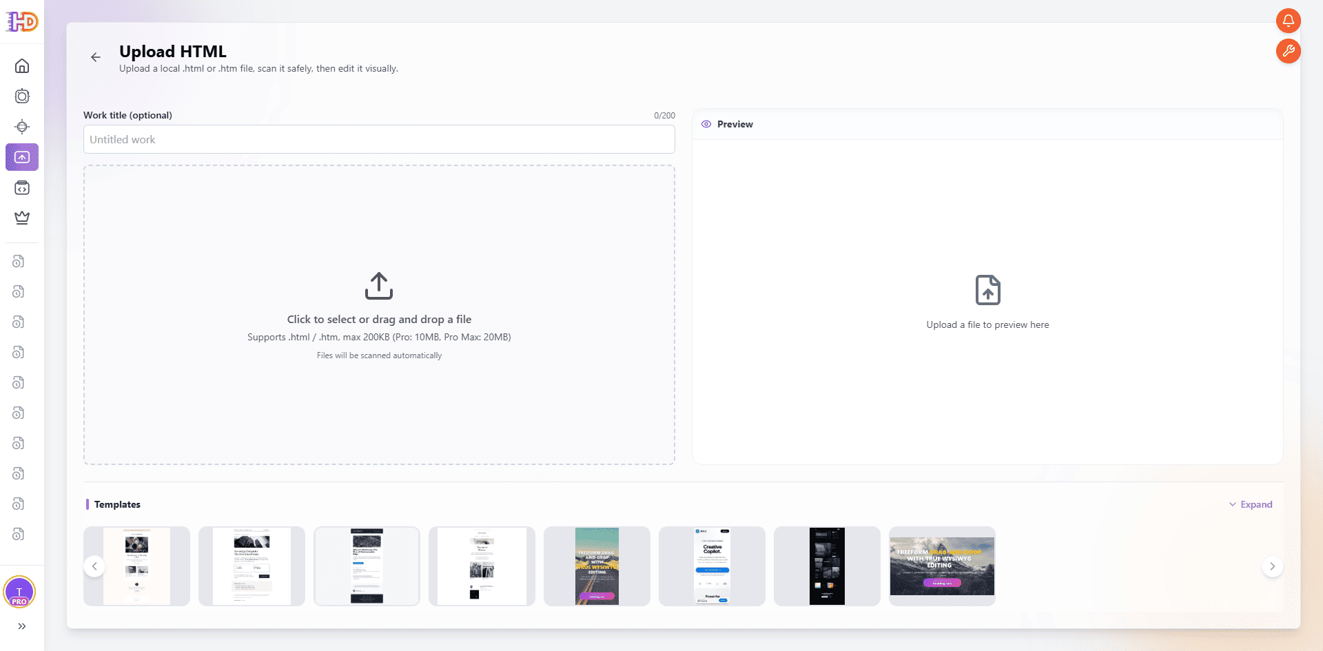 HtmlDrag Upload HTML page before a file is selected, showing the work title field, upload area, preview panel, and template strip