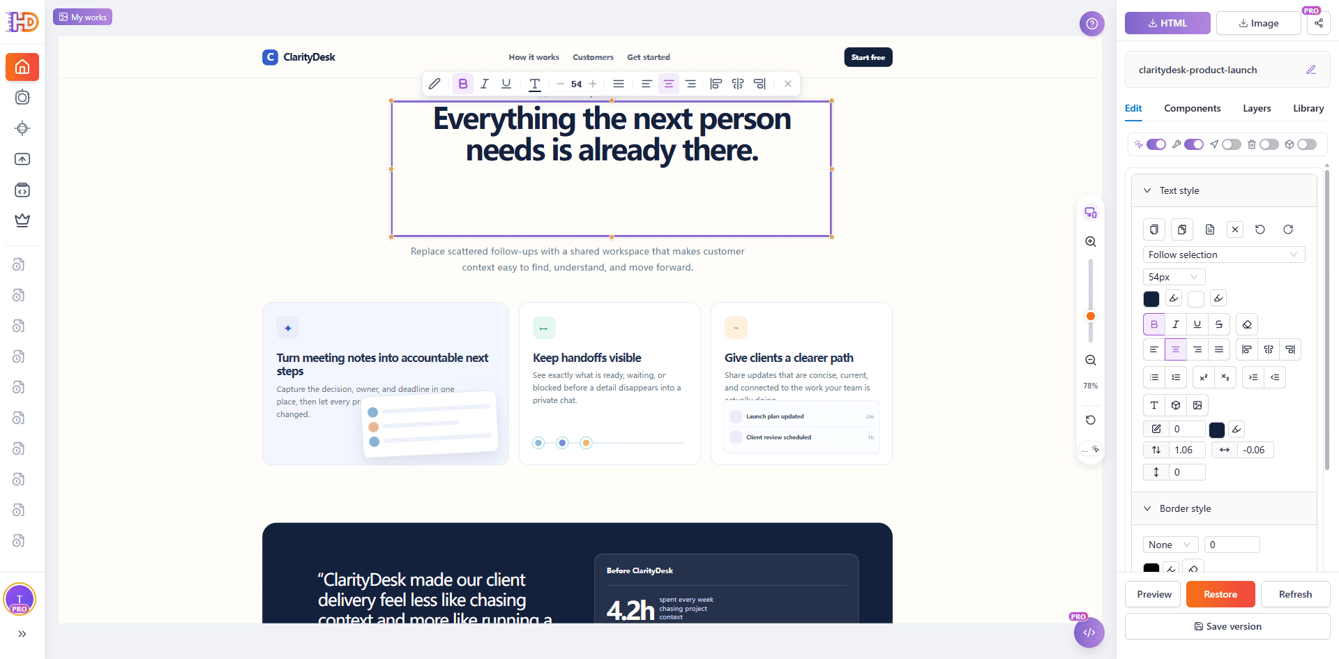 Feature section heading selected in HtmlDrag with its bounding box, inline text toolbar, and typography controls visible