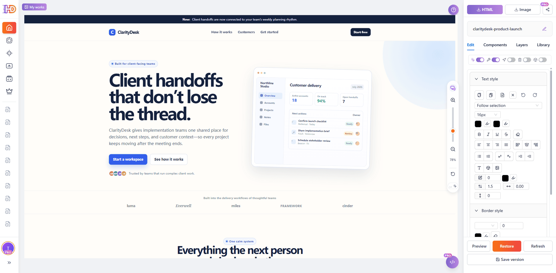 ClarityDesk product landing page opened in the HtmlDrag visual editor with the real page canvas and text style controls visible