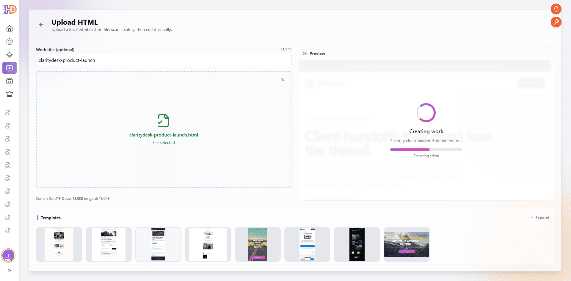 ClarityDesk product launch HTML file selected in HtmlDrag Upload HTML with the work title filled in and the editor preparing the work