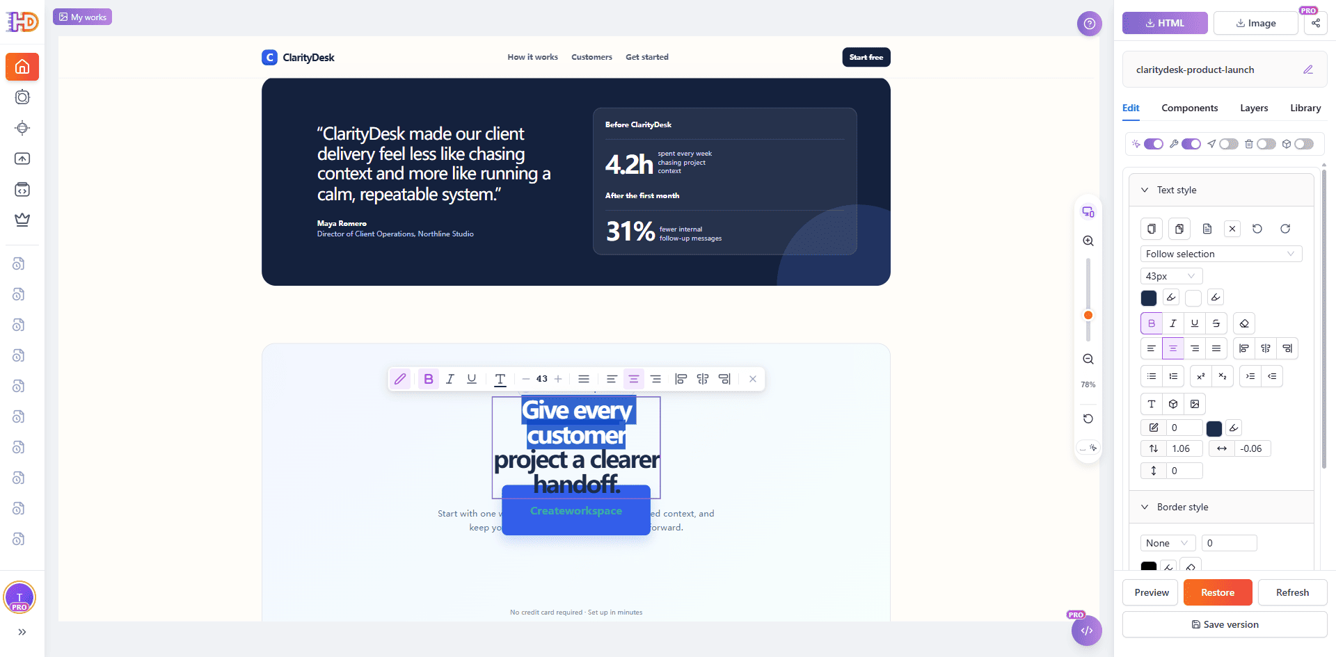 Closing call to action text selected in HtmlDrag with the inline toolbar and text style controls available for a focused review