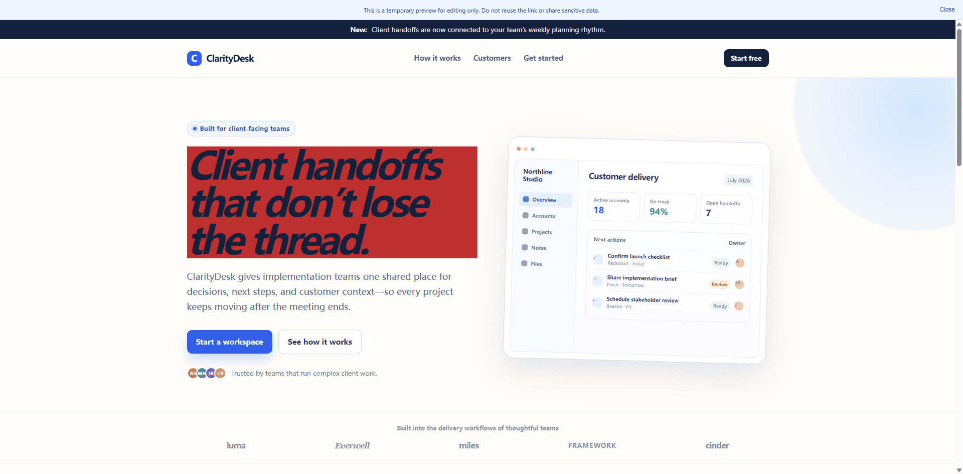 ClarityDesk page shown in HtmlDrag preview after the hero headline receives a red background treatment, with editing controls removed