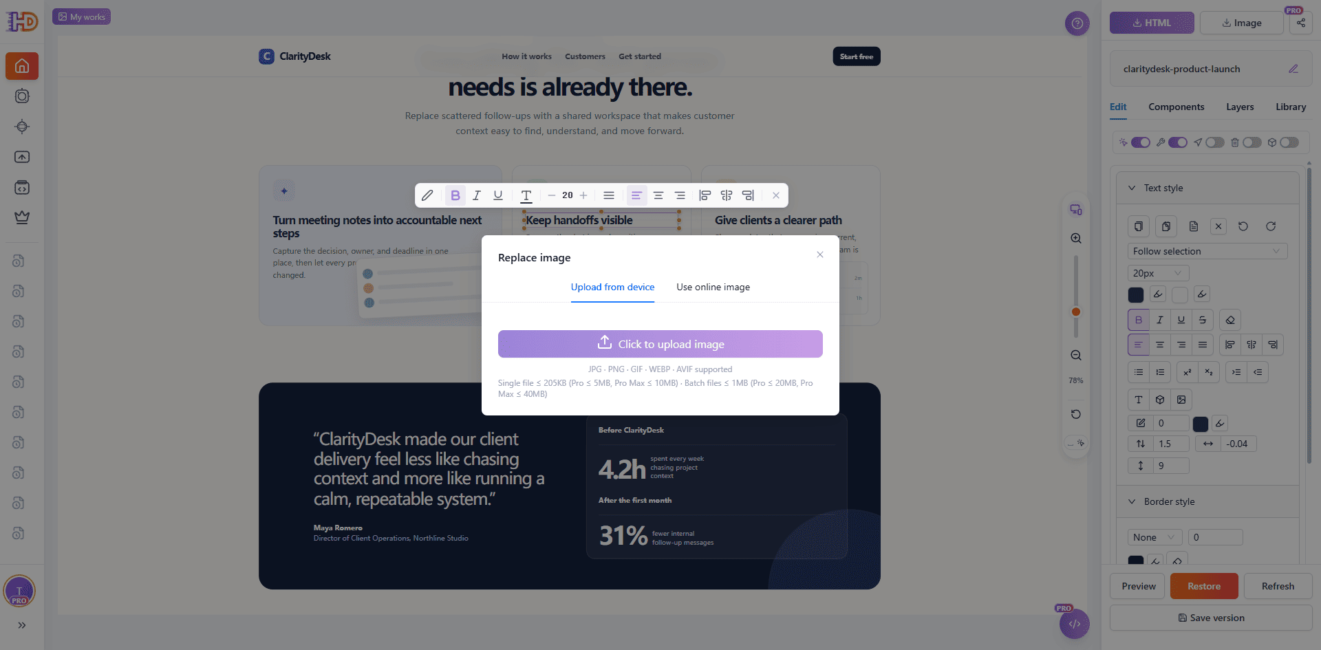 HtmlDrag Replace image dialog open during a feature card review, showing Upload from device and Use online image options