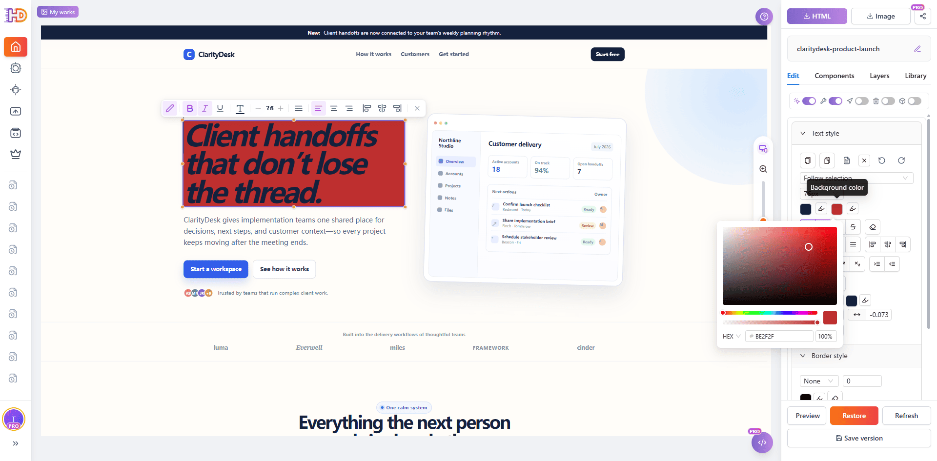 ClarityDesk hero headline selected in HtmlDrag with inline text controls and the background color picker open for a visual style adjustment