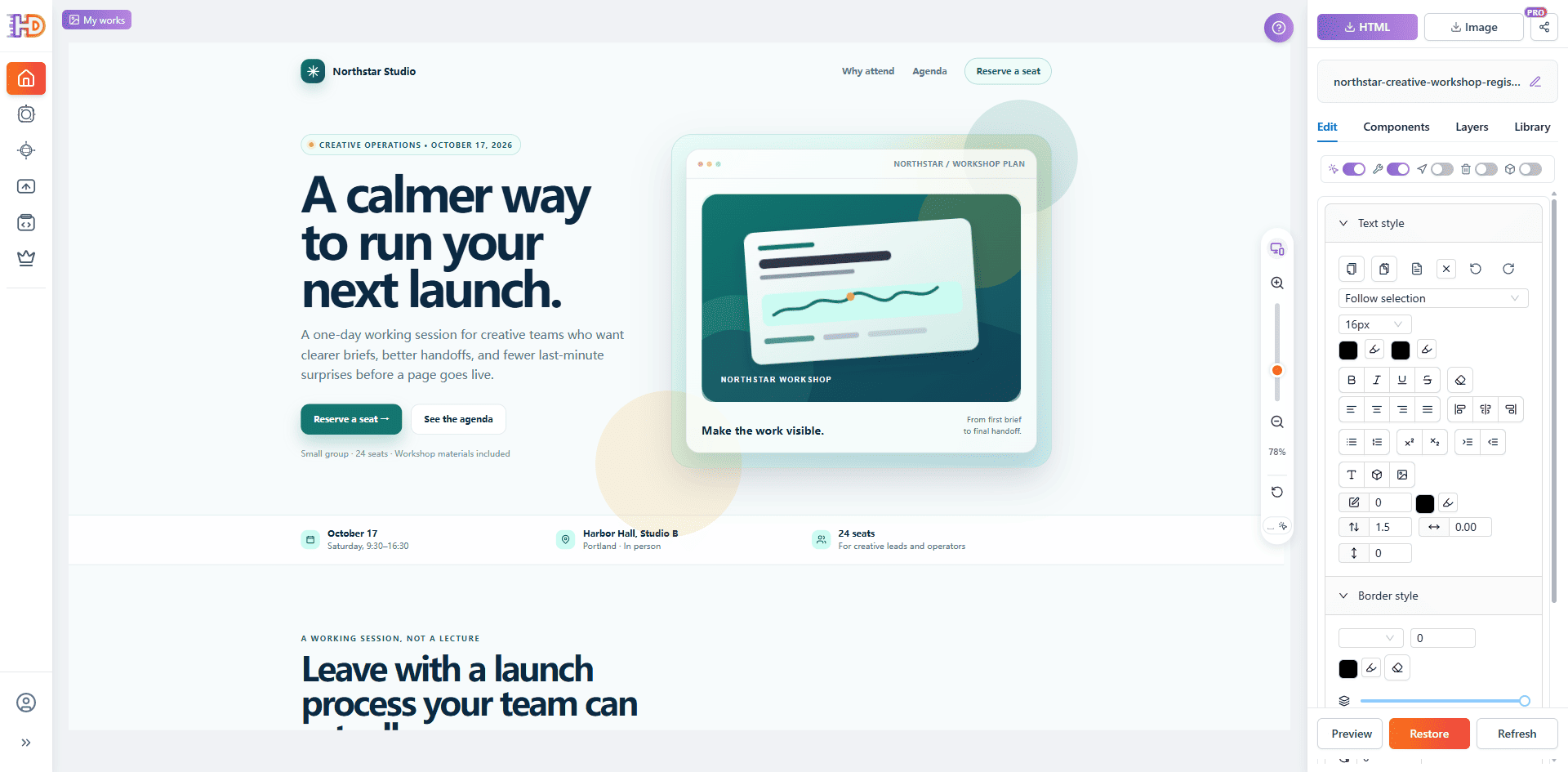 Plantilla HTML de Northstar Studio abierta en el editor visual de HtmlDrag con la landing page completa y controles de texto