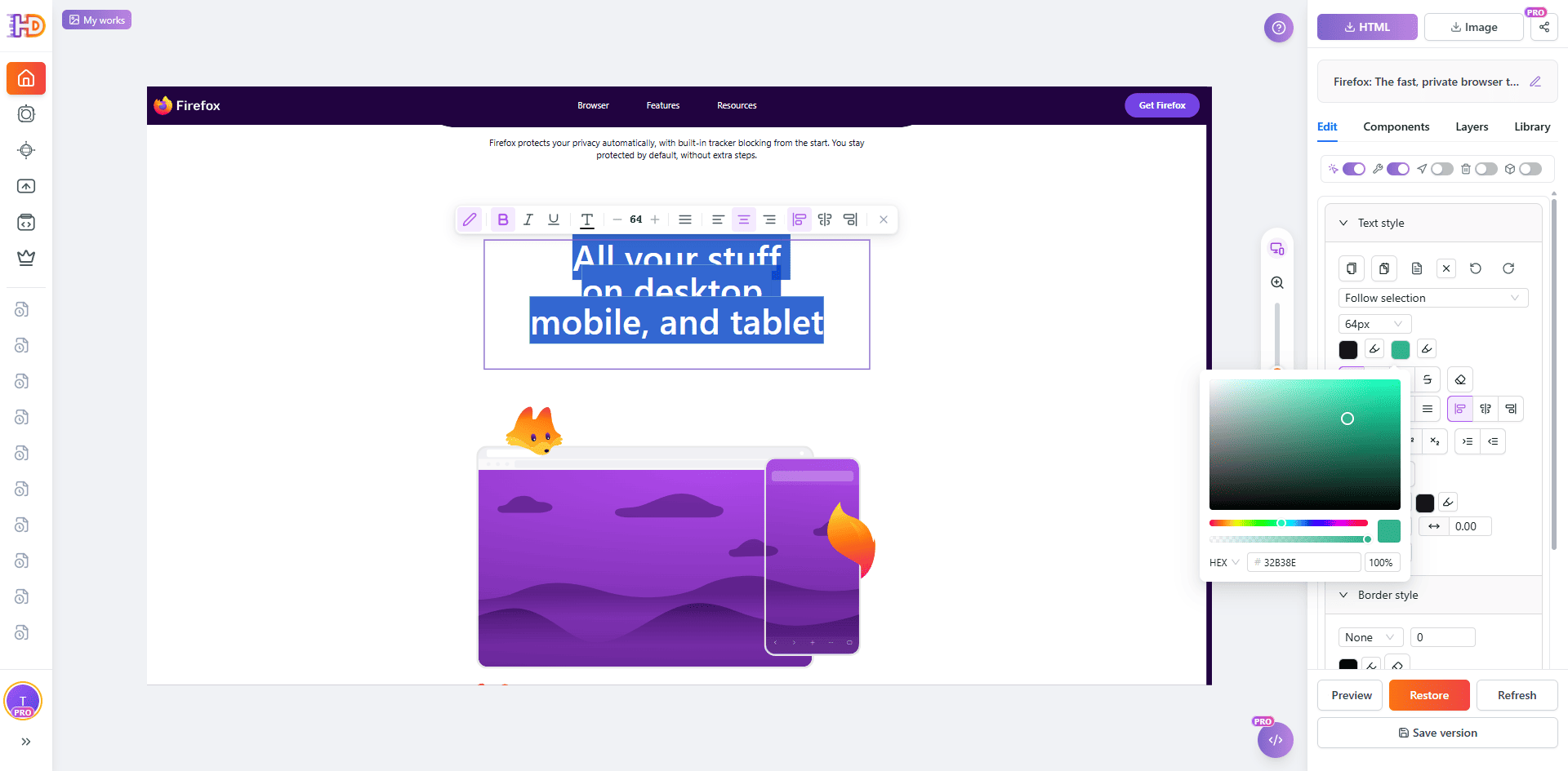 Lower-page Firefox heading selected in HtmlDrag with typography controls and a color picker open