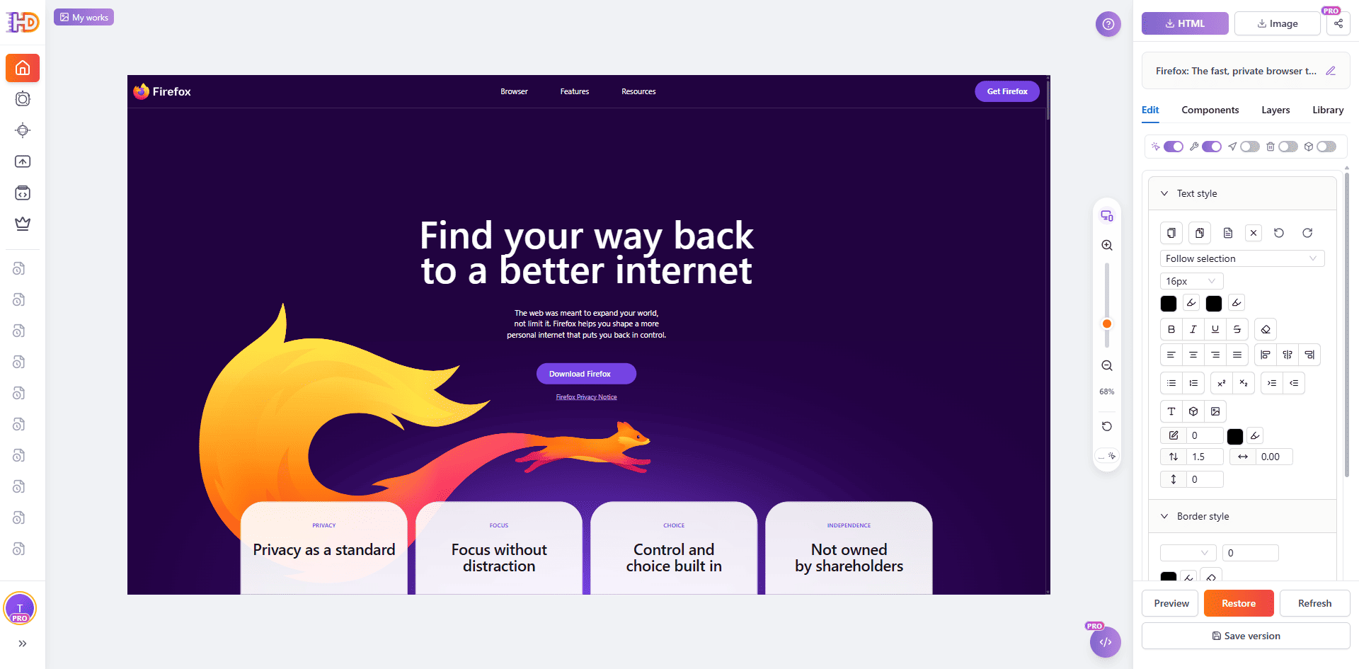 Firefox public landing page imported into the HtmlDrag canvas with visual editing controls available
