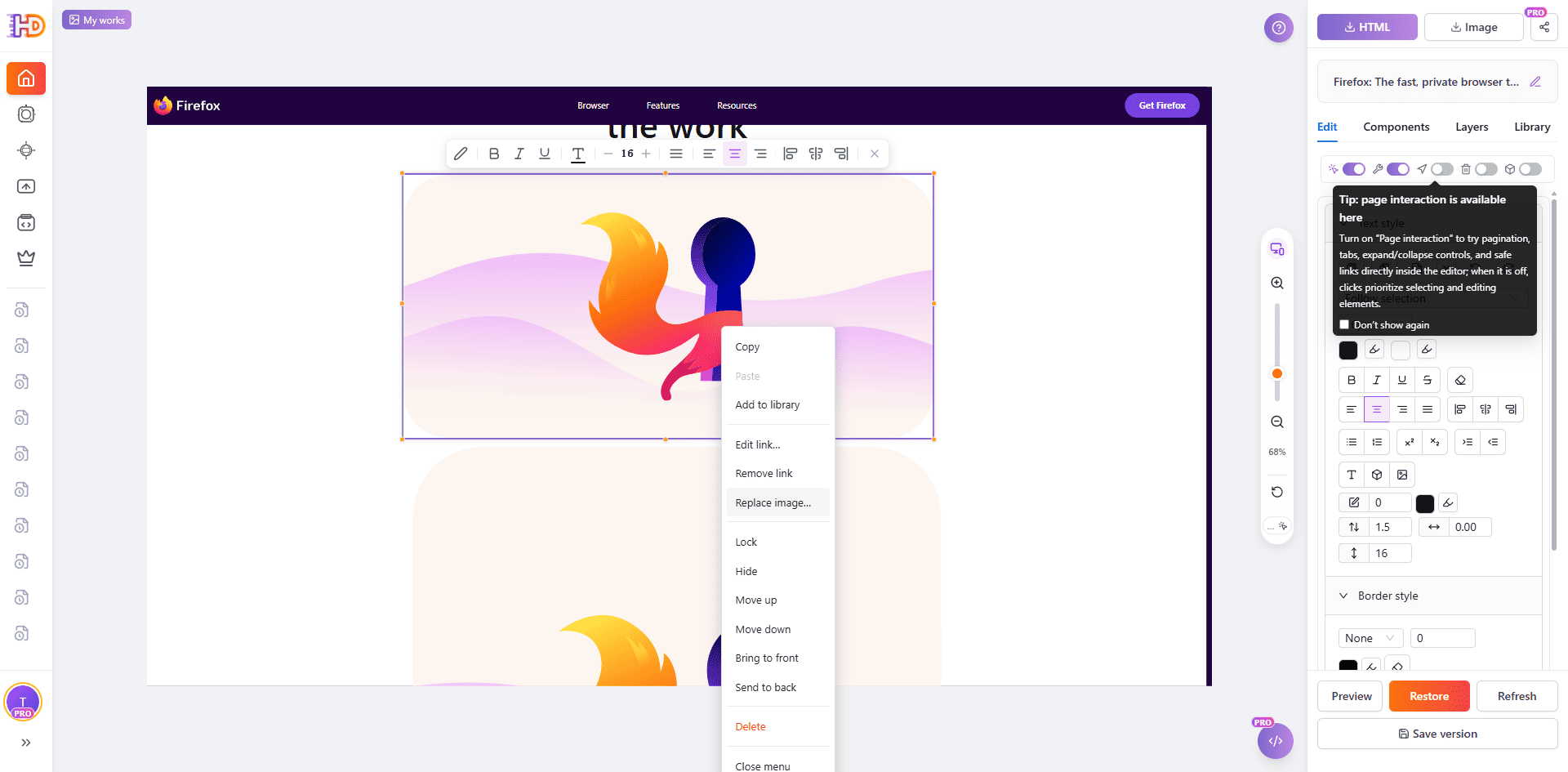 An illustration selected in the imported Firefox page with the HtmlDrag context menu showing Replace image