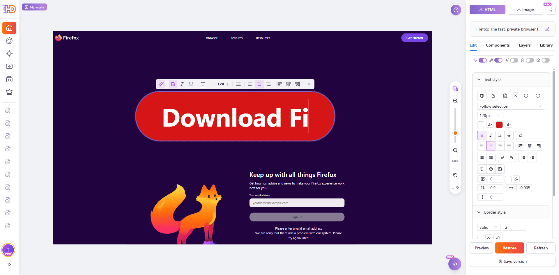 Large Firefox call to action selected in HtmlDrag for a visual text and contrast review