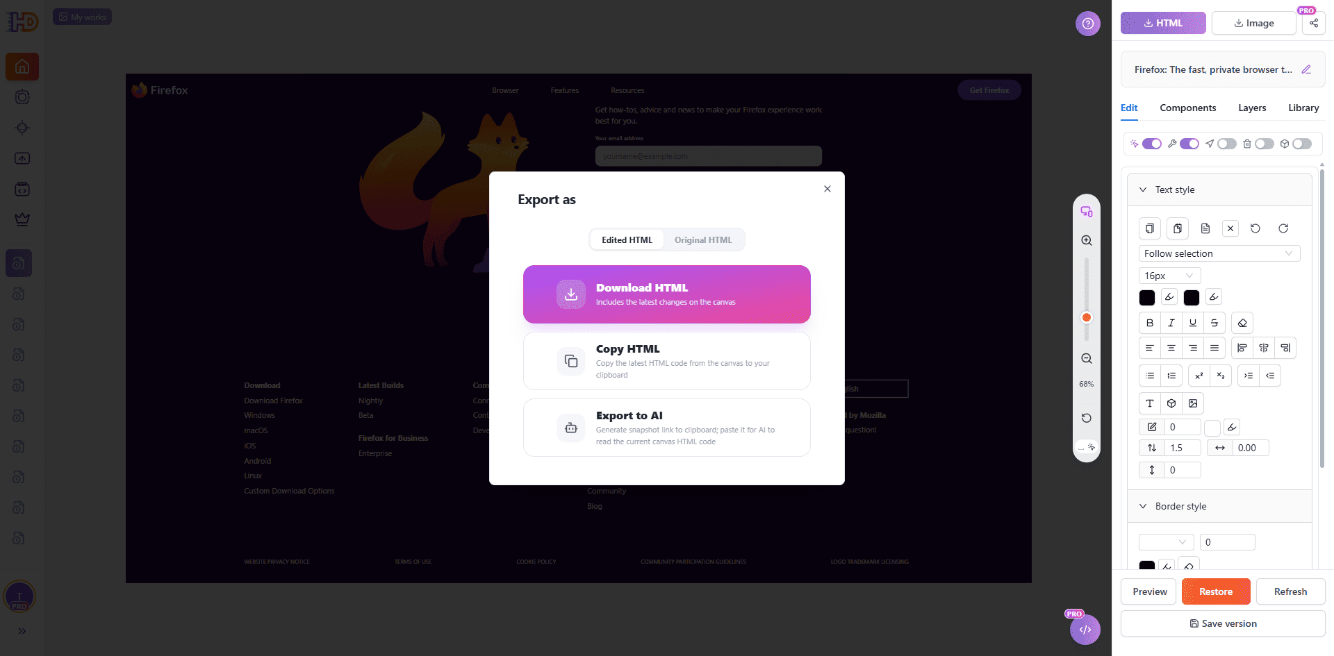 HtmlDrag Export as dialog with Edited HTML and Original HTML options plus Download HTML and Copy HTML actions