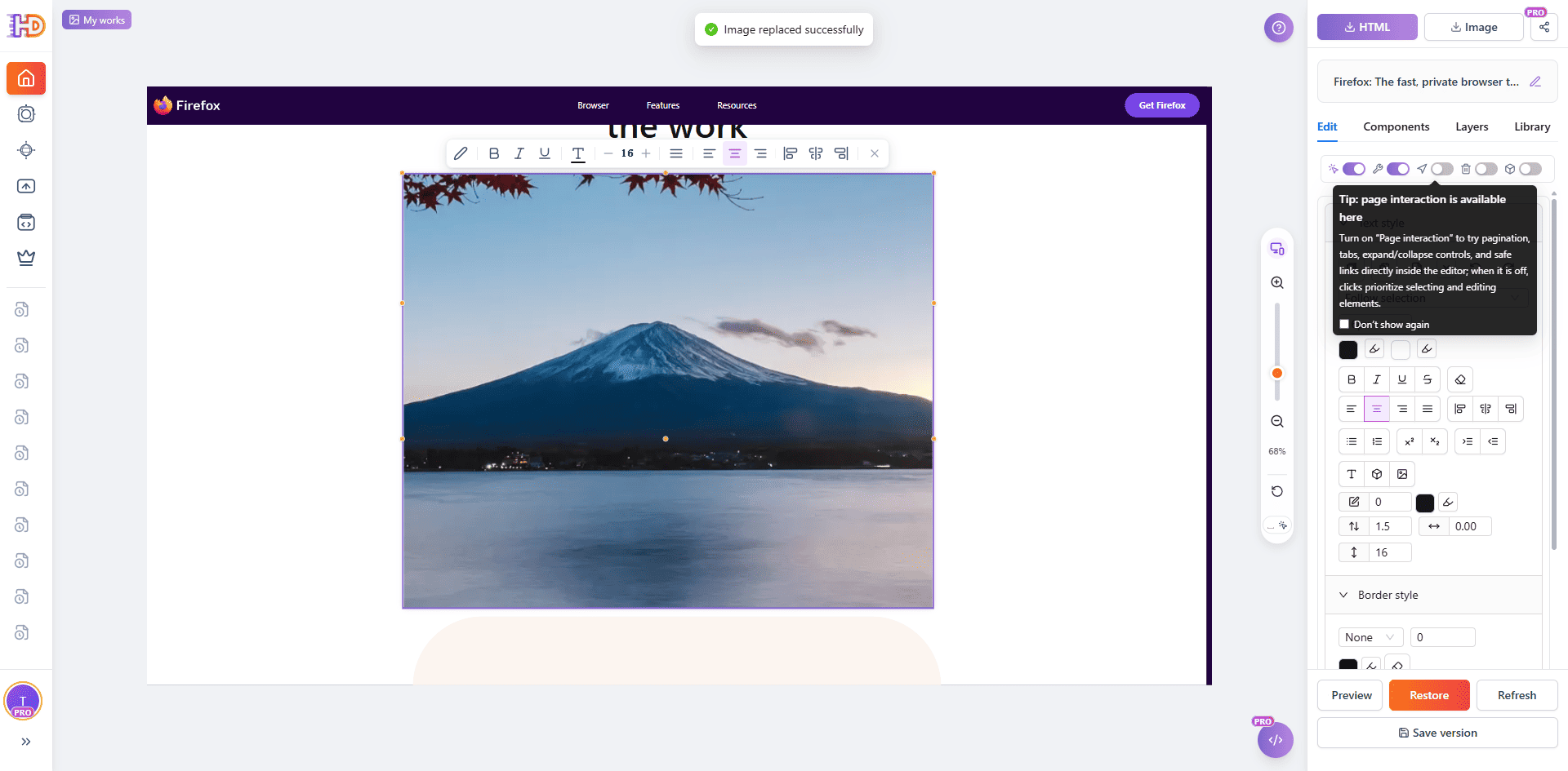 Imported Firefox page image replaced with a mountain landscape in HtmlDrag and a success message confirming the replacement