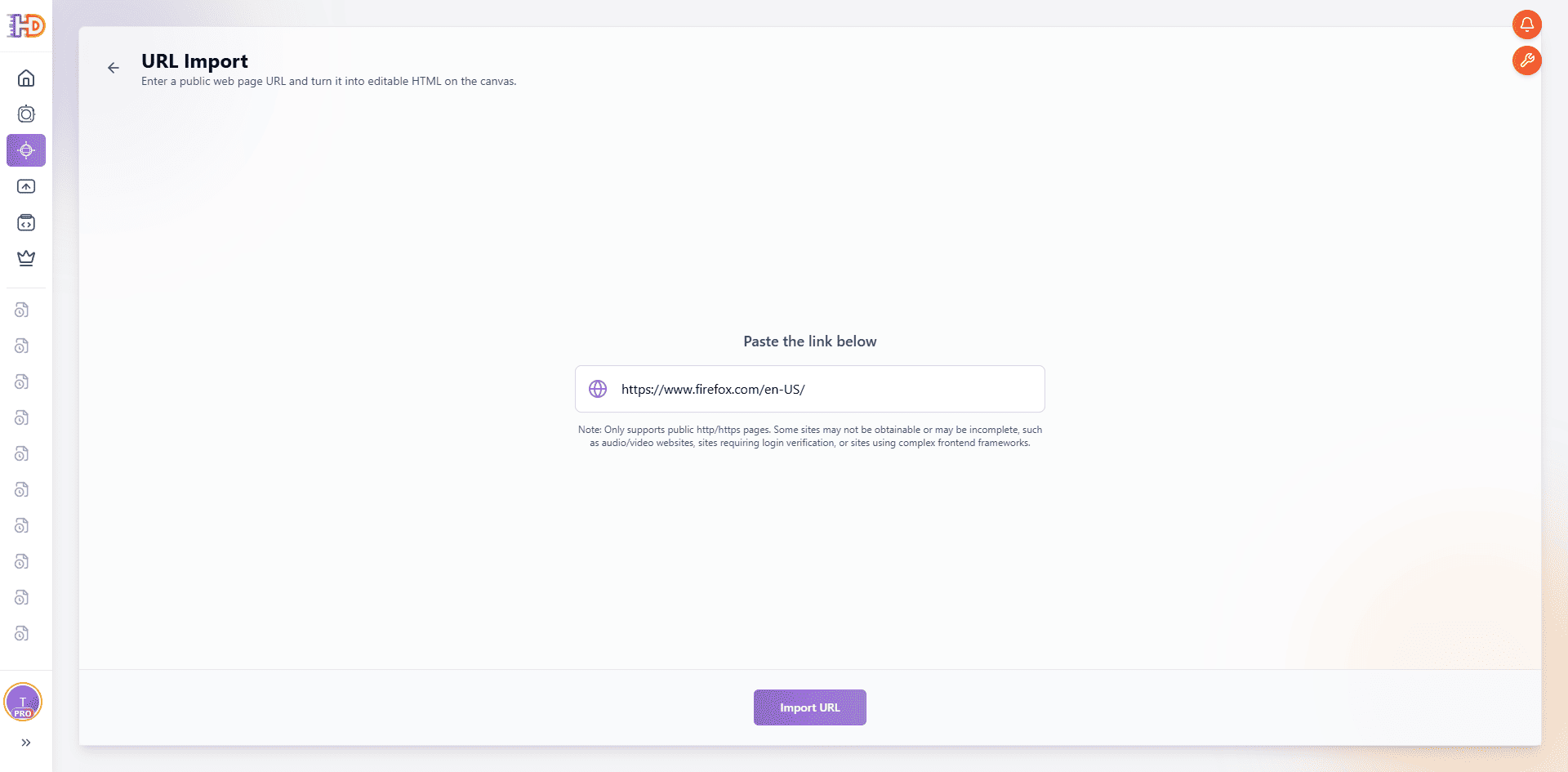 HtmlDrag URL Import screen with the public Firefox page URL entered in the URL field