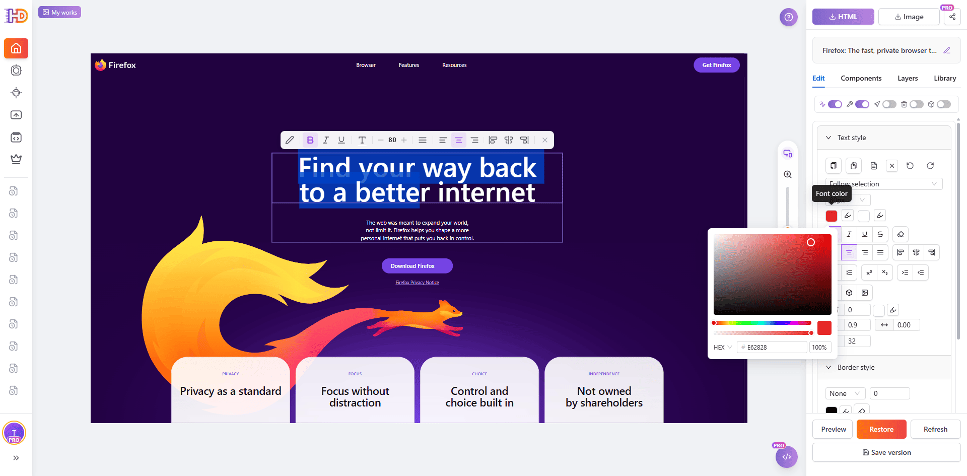 Firefox hero headline selected in HtmlDrag with the inline text toolbar and color picker open