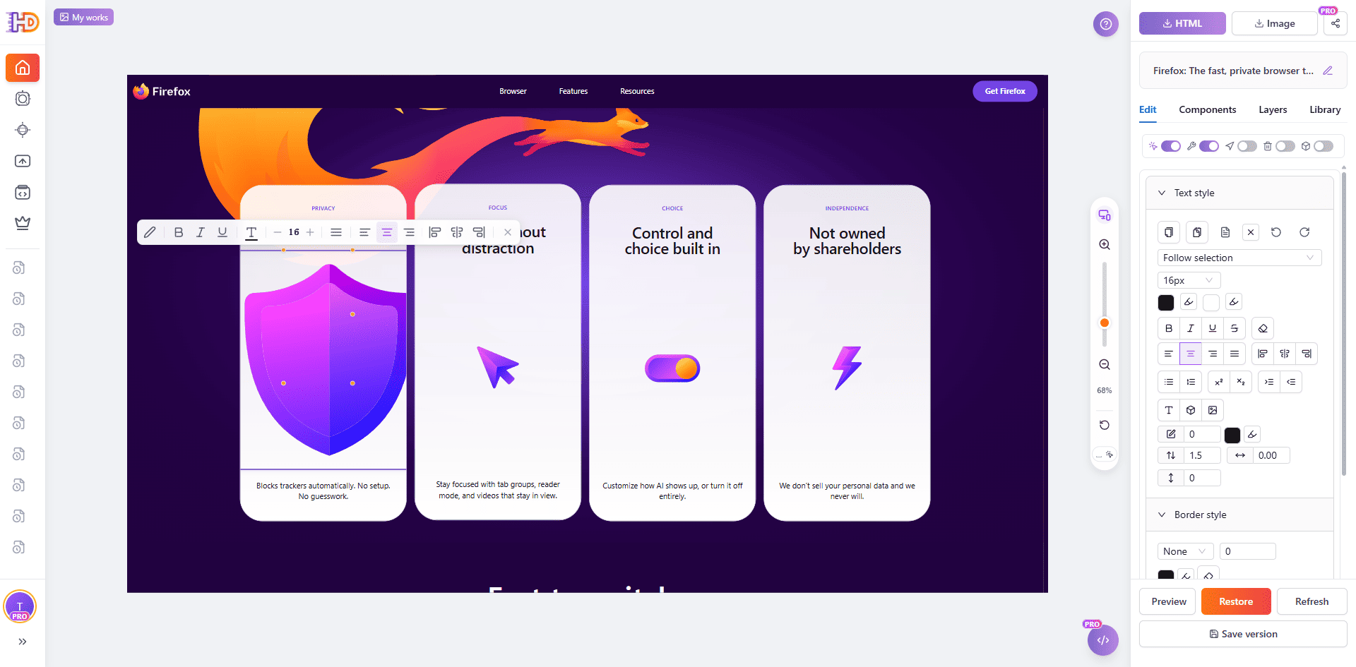 Privacy as a standard feature card heading selected separately in the imported Firefox page on the HtmlDrag canvas