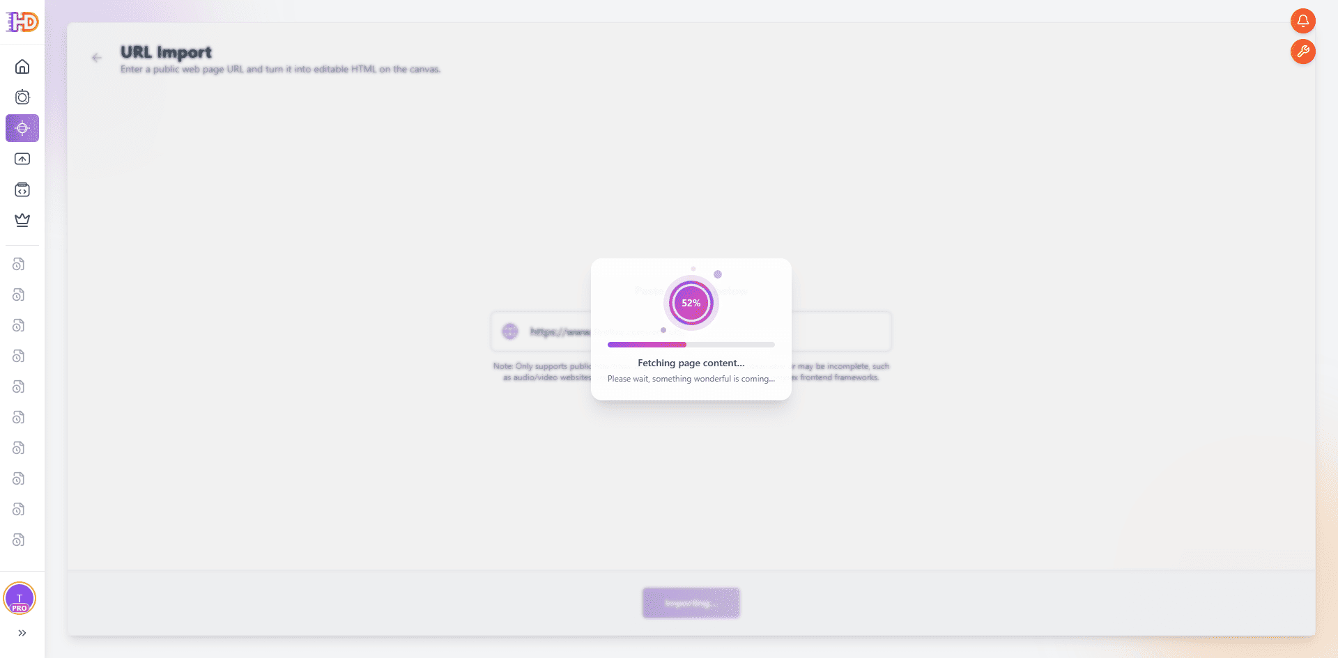 HtmlDrag showing the Fetching page content progress dialog while importing a public webpage URL