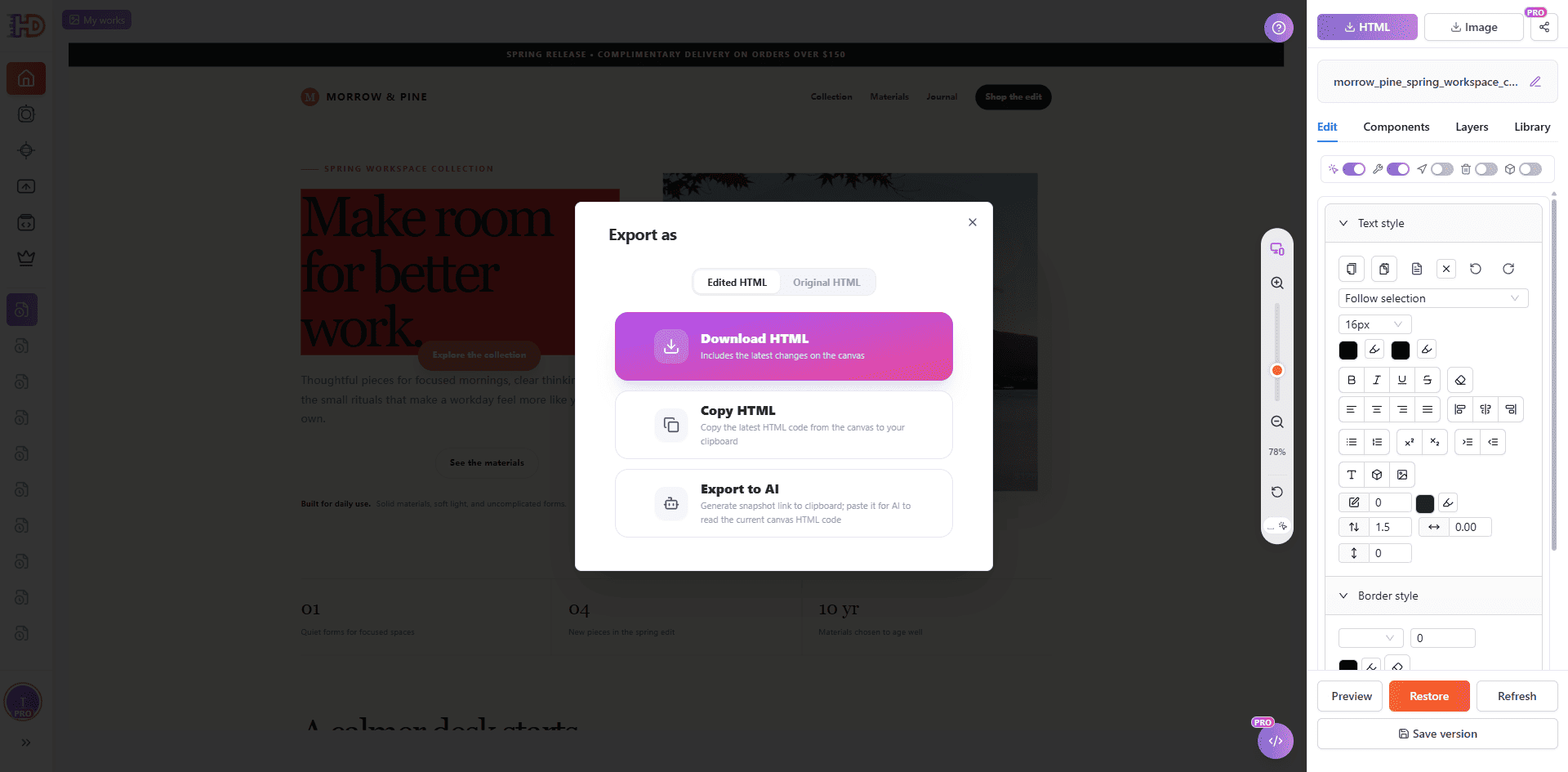 Janela Export as do HtmlDrag com Edited HTML, Original HTML, Download HTML, Copy HTML e Export to AI