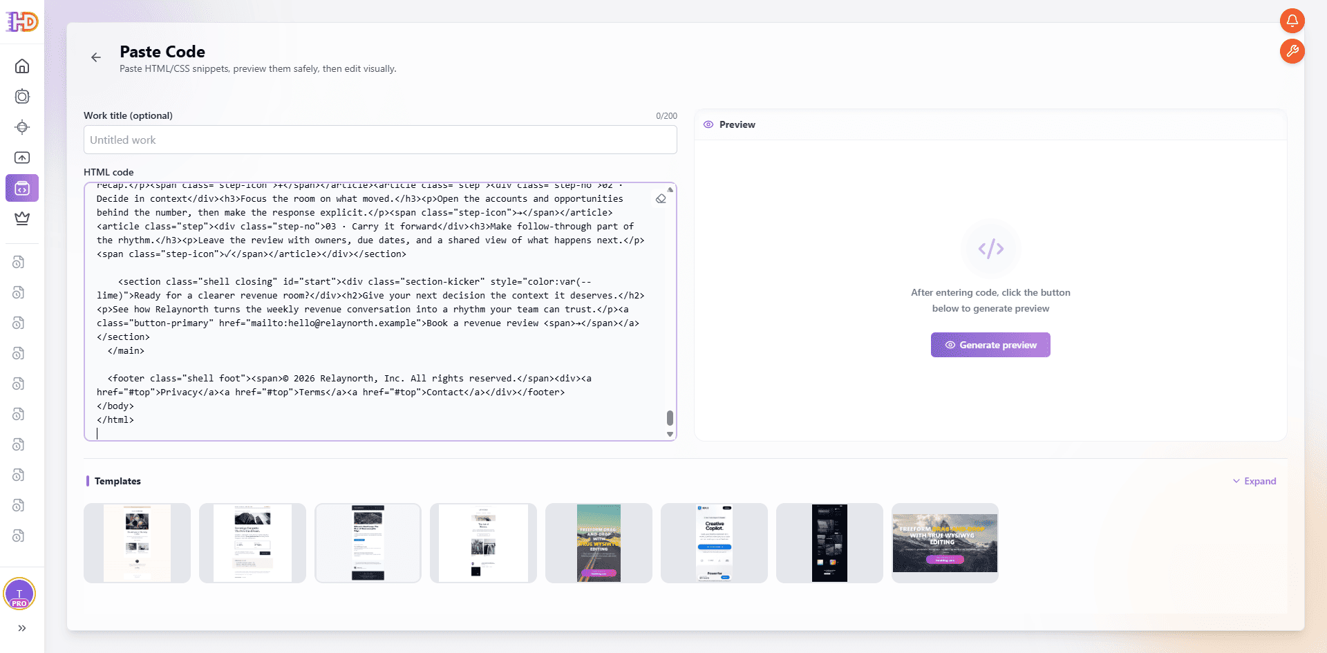 HtmlDrag Paste Code 页面，Relaynorth 的 HTML 源码已粘贴到代码区域，可生成预览