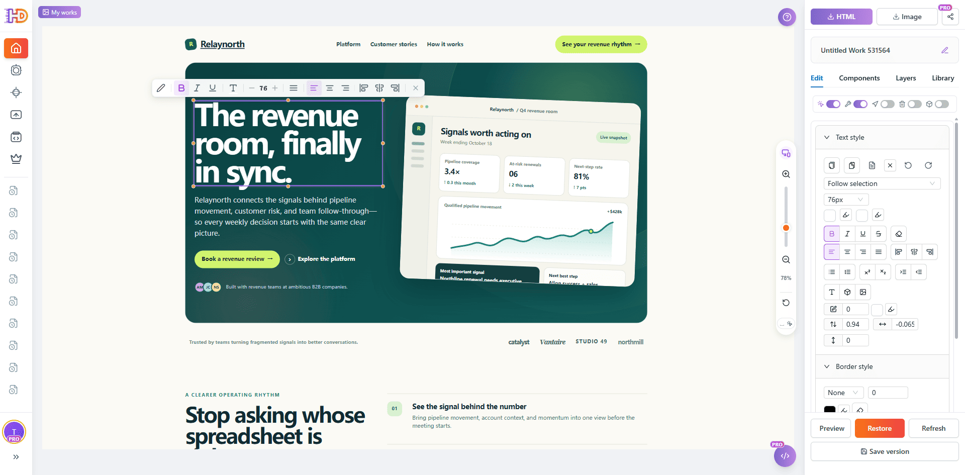 Relaynorth HTML 页面已在 HtmlDrag 画布中渲染，Hero 标题被选中用于可视化检查