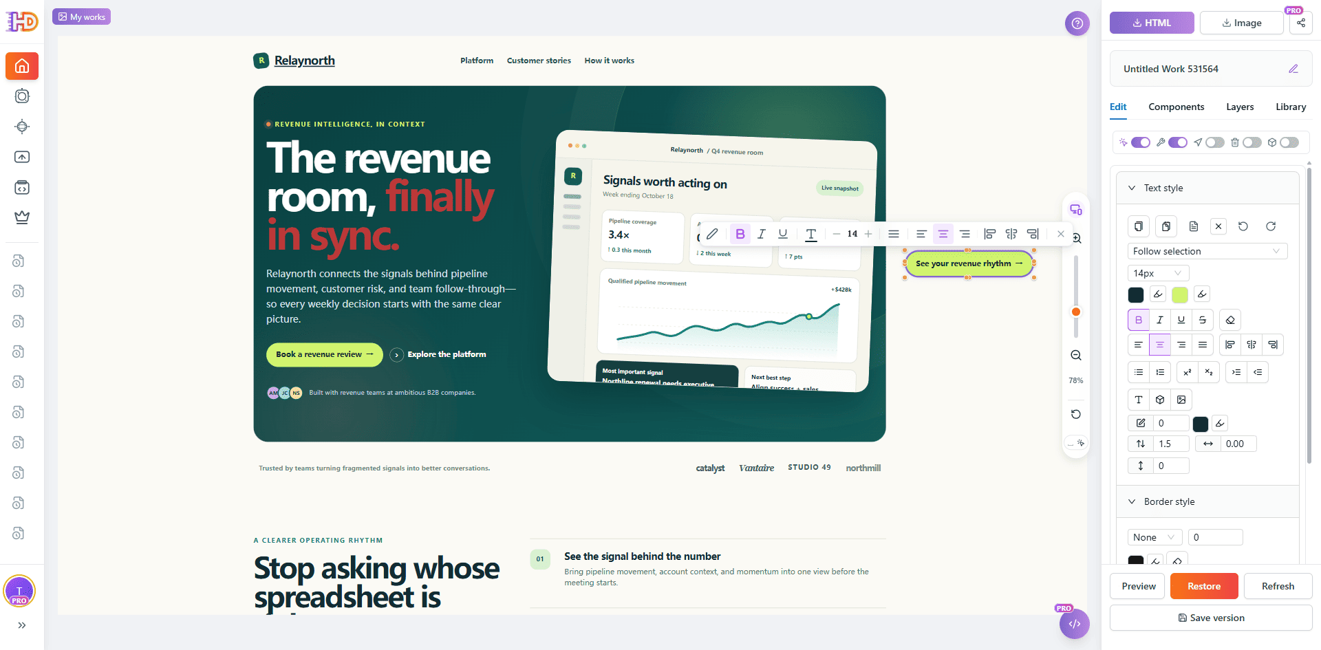 Relaynorth CTA 按钮在 HtmlDrag 中被选中，显示行内文字与样式控制